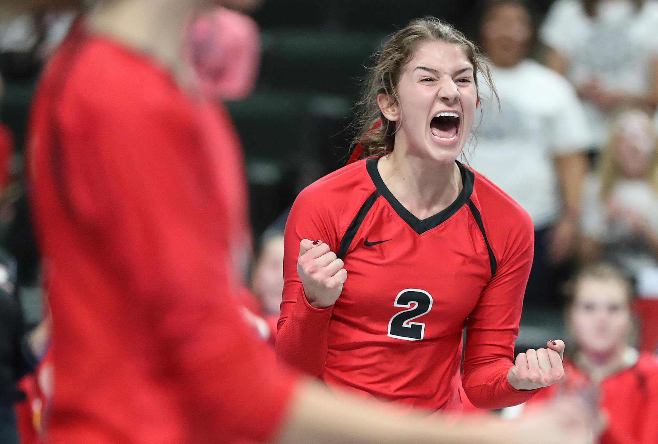 Mayer Lutheran's Sophia Heuer (2) cheers. ] (Leila Navidi/Star Tribune) leila.navidi@startribune.com BACKGROUND INFORMATION: Stephen-Argyle Central High School against Mayer Lutheran High School in the Class 1A volleyball quarterfinals at the Xcel Energy Center in St. Paul on Thursday, November 10, 2016.