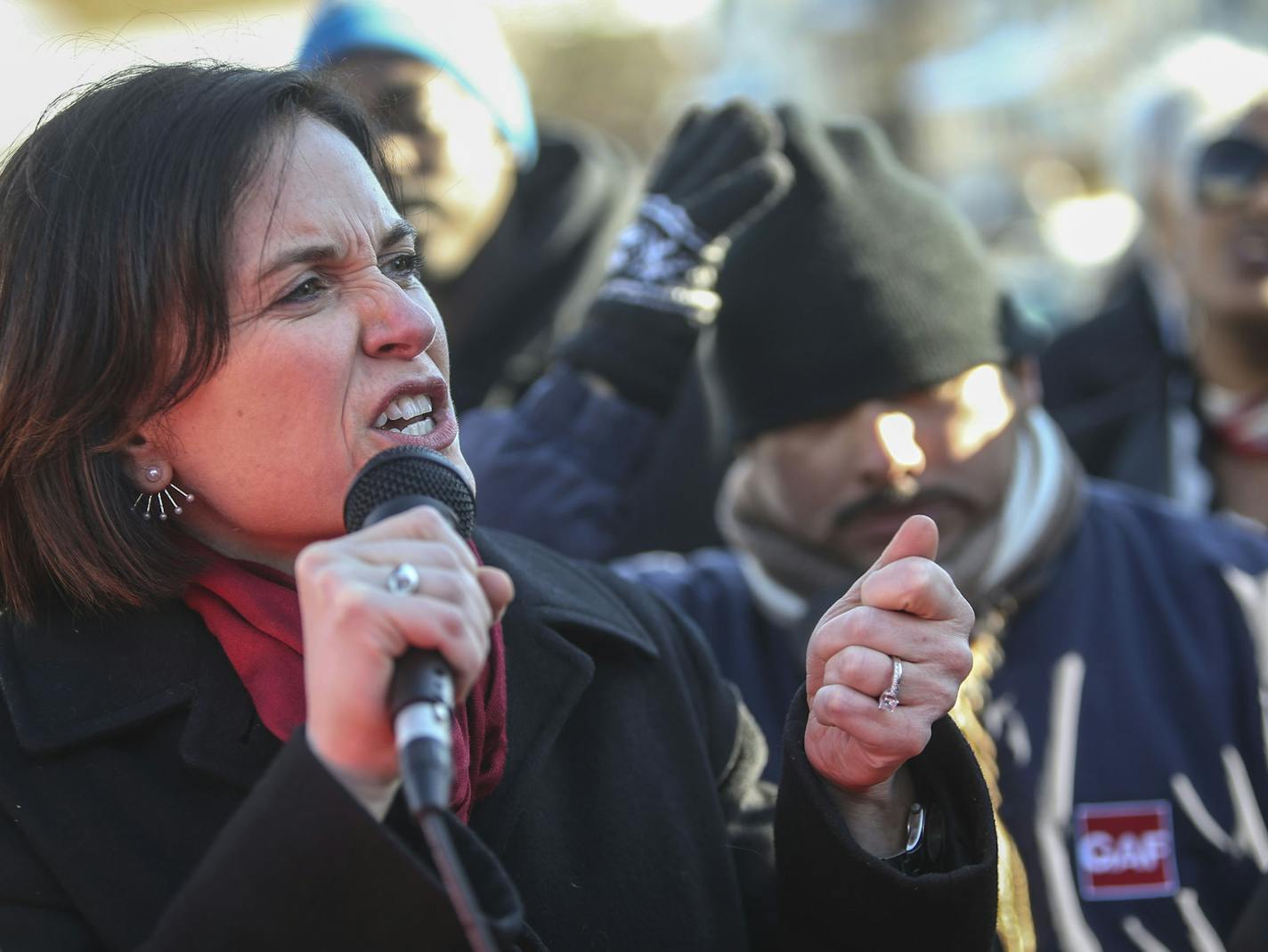 A protest against low wages for fast food employees at Burger King at 34th and Nicollet morphed into a larger protest against police treatment of young black males and moved to shutdown I-35W northbound from 35th Street as protestors marched to City Hall. Here, mayor Betsy Hodges told the food service workers and supporters it was their right to ask for better pay Thursday, Dec. 4, 2014. (AP Photo/The Star Tribune, David Joles) ORG XMIT: MIN2014122619141880