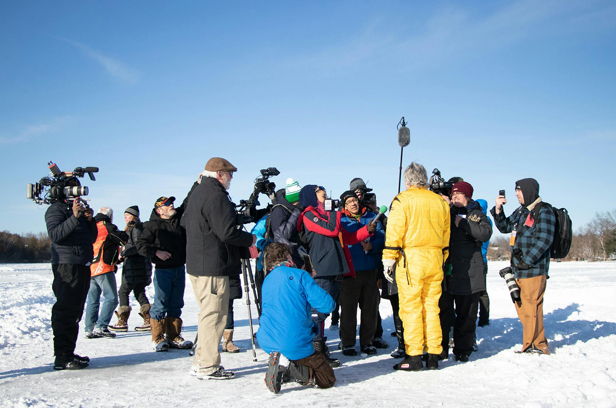 Kurt Anderson gives an interview to the assembled news media and film crews after his crash on the Arctic Arrow�s second run on Sunday, Feb. 16, 2020 on Bear Lake in Manawa, WI.