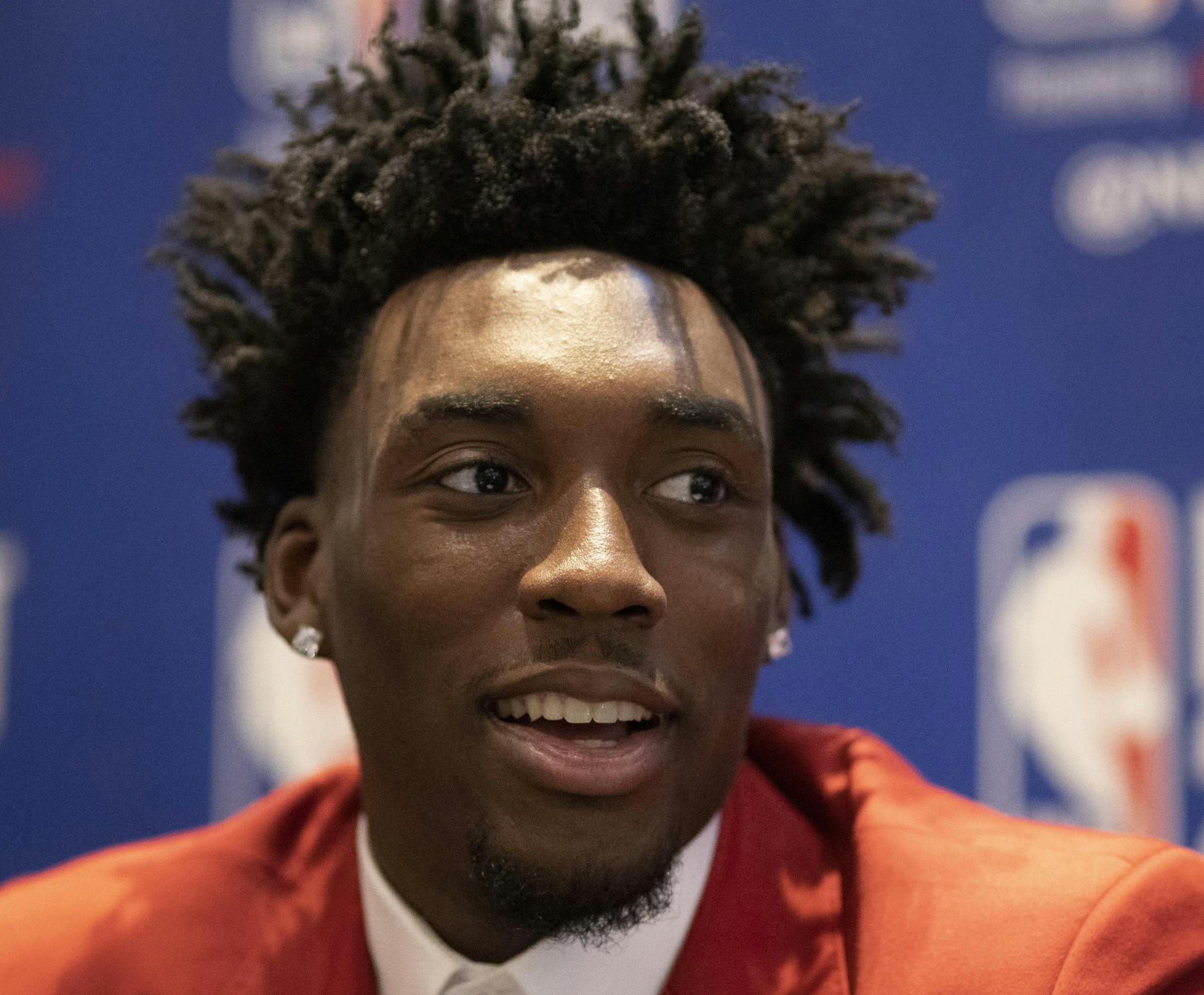 Nassir Little, a freshman basketball player from North Carolina, attends the NBA Draft media availability, Wednesday, June 19, 2019, in New York. The draft will be held Thursday, June 20. (AP Photo/Mark Lennihan)