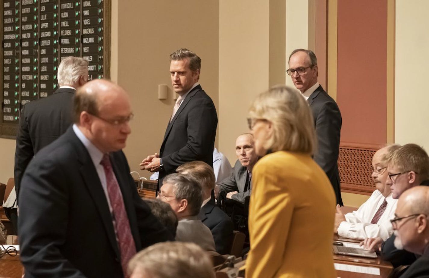 Republican House Minority Leader Kurt Daudt came onto the House floor Monday to talk with other Republican legislators and House Speaker Melissa Hortman on the last regular day of the legislative session as they plot out what comes next with a special session certain.