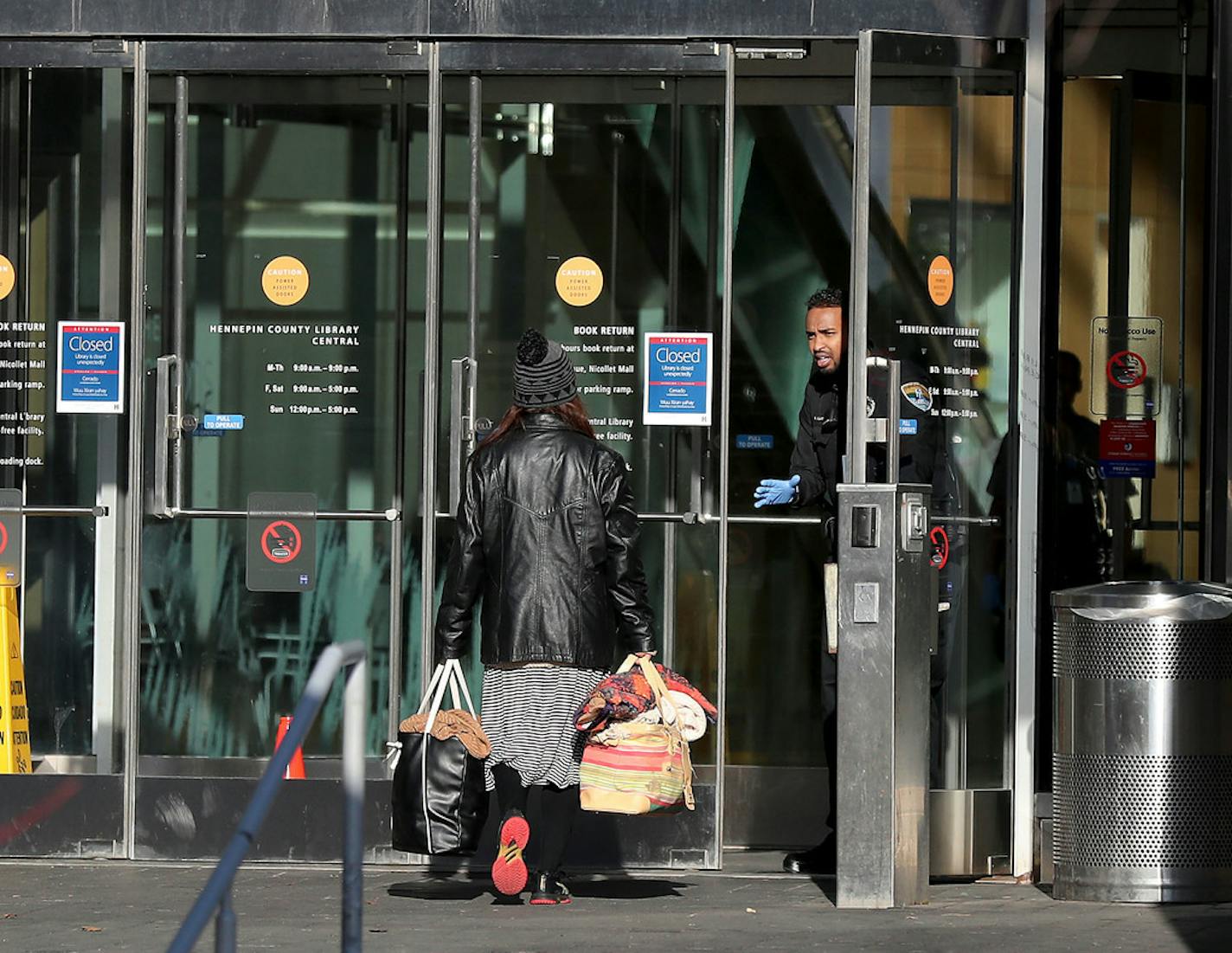 A security guard at the downtown Minneapolis Public Library turned away a patron after the library closed Tuesday.