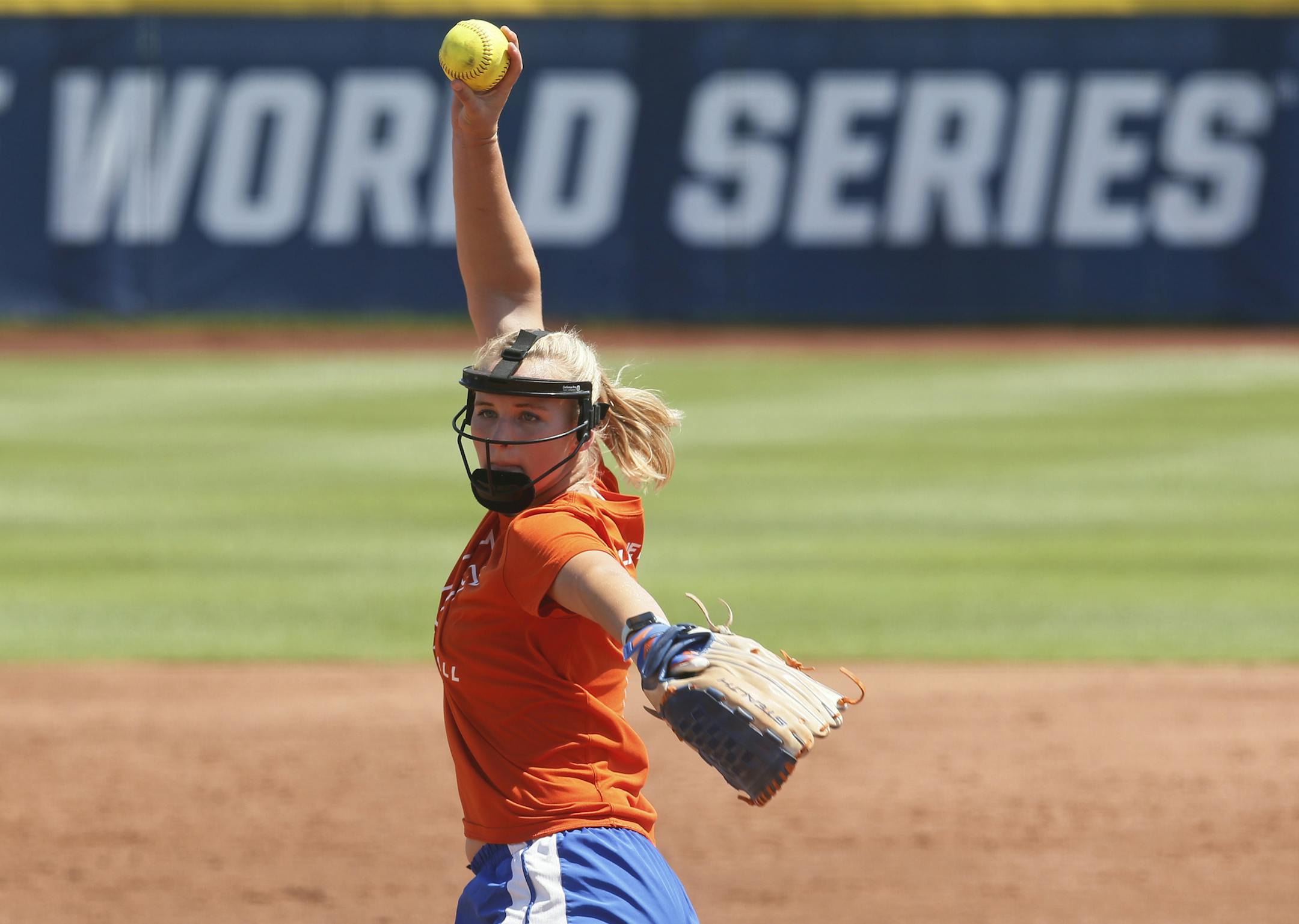 Florida national player of the year Kelly Barnhill pitches during a practice in Oklahoma City, Wednesday, May 31, 2017. Florida faces Texas A&M in the opening game of the Women's College World Series on Thursday, June, 1, 2017. (AP Photo/Sue Ogrocki)