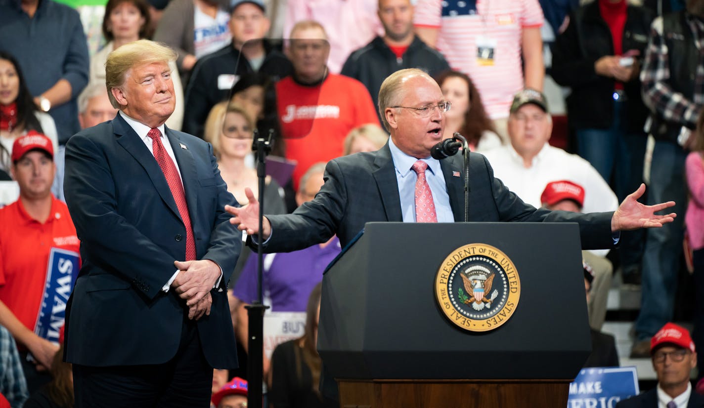 President Donald Trump watched as GOP candidate for Congress Jim Hagedorn spoke to the crowd in Rochester. ] GLEN STUBBE &#xef; glen.stubbe@startribune.com Thursday, October 4, 2018 President Donald Trump makes his second visit to Minnesota, with a rally on Thursday night at Mayo Civic Center in Rochester.