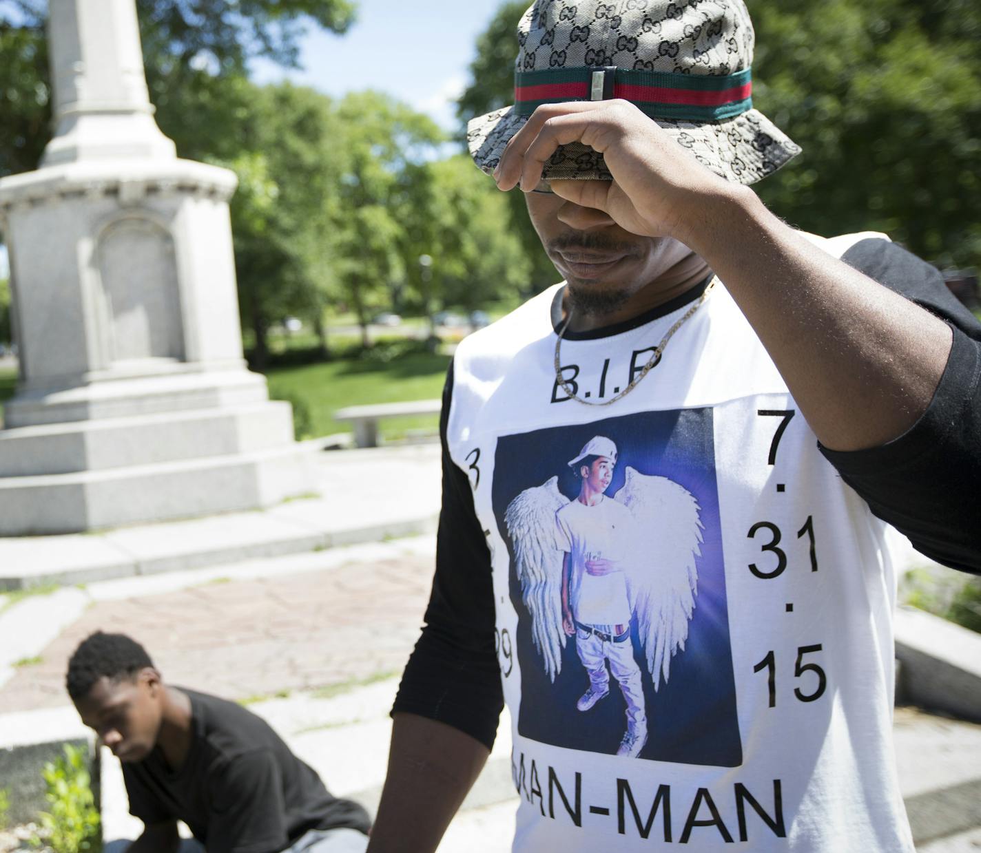 Jose Montez, 21, wore a shirt in honor of his little brother Lavauntai Broadbent who St. Paul police say was shot by an armed victim who Lavauntai allegedly approached to rob on Friday at a park along the Mississippi River at the corner of Summit Avenue and East River Road in St. Paul,