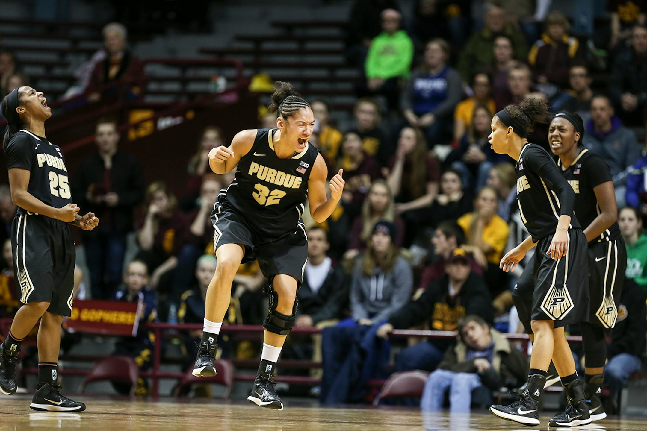 Purdue's Whitney Bays (32) celebrated taking the lead in overtime. The Gophers lost to Purdue 90-88.] RENEE JONES SCHNEIDER • reneejones@startribune.com Minnesota Gophers women's basketball verse. Purdue Boilermakers at Williams Arena at the University of Minnesota on Thursday, January 22, 2015 in Minneapolis, Minn.