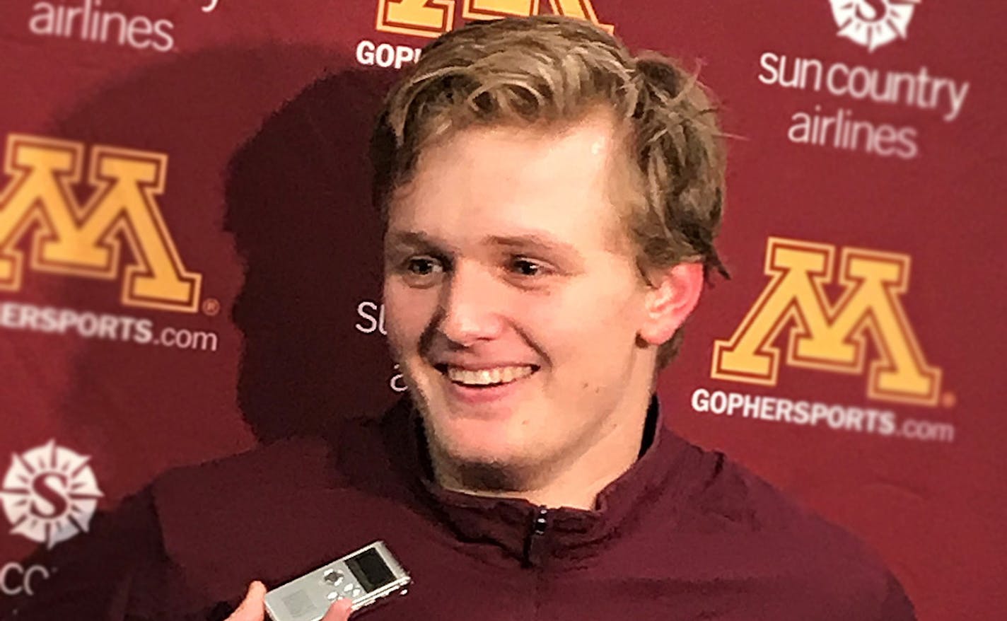 Casey Mittelstadt, freshman Gophers hockey player, spoke with media members on Nov. 1, 2017. (University of Minnesota photo)