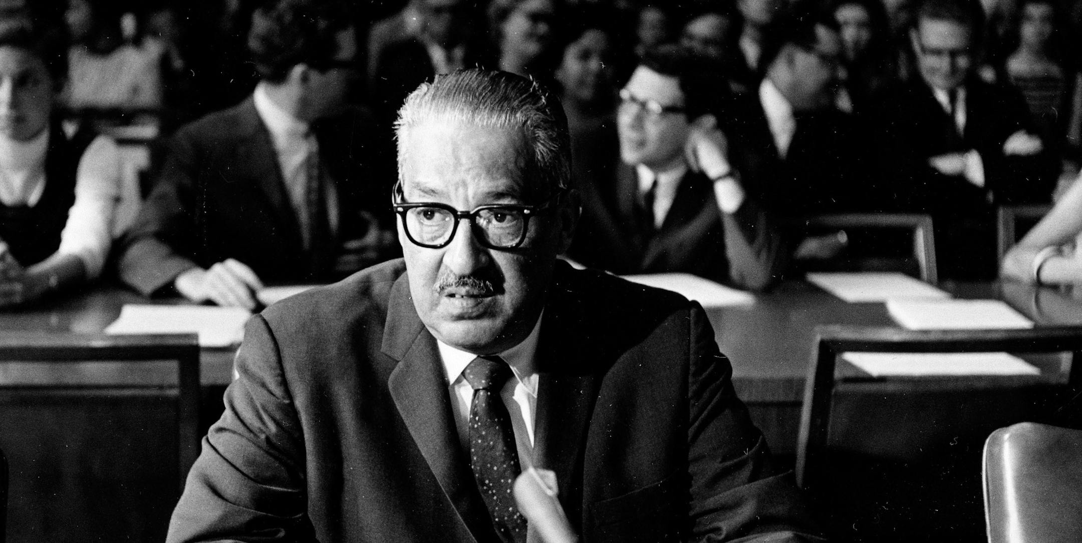 Solicitor General Thurgood Marshall, nominated by President Lyndon B. Johnson to the U.S. Supreme Court, sits at the witness table before testifying on his fitness for the post before the Senate Judiciary Committee, in Washington, July 18, 1967. (AP Photo) ORG XMIT: APHS115