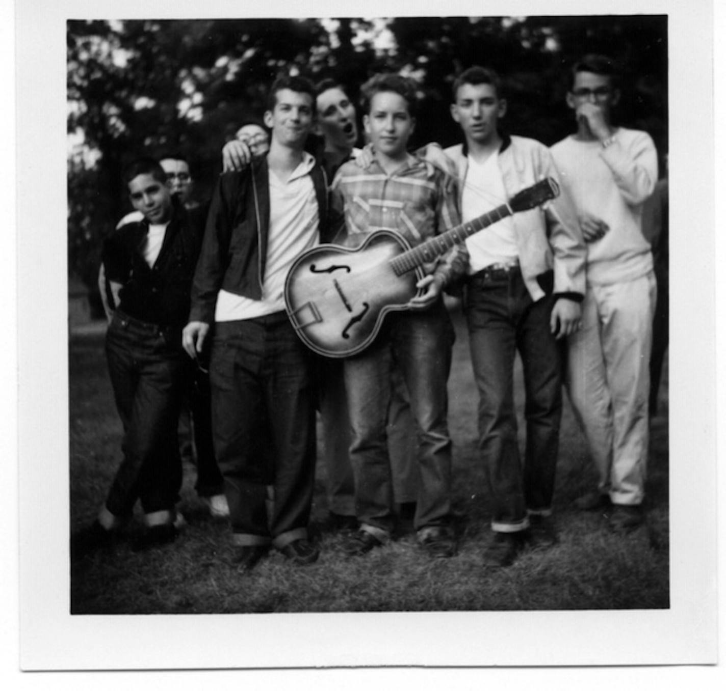 Bobby Zimmerman, center, at Herzl Camp in 1957 flanked by Larry Kegan and Louie Kemp. Kegan was paralyzed at age 16 in a diving accident and died in 2001.