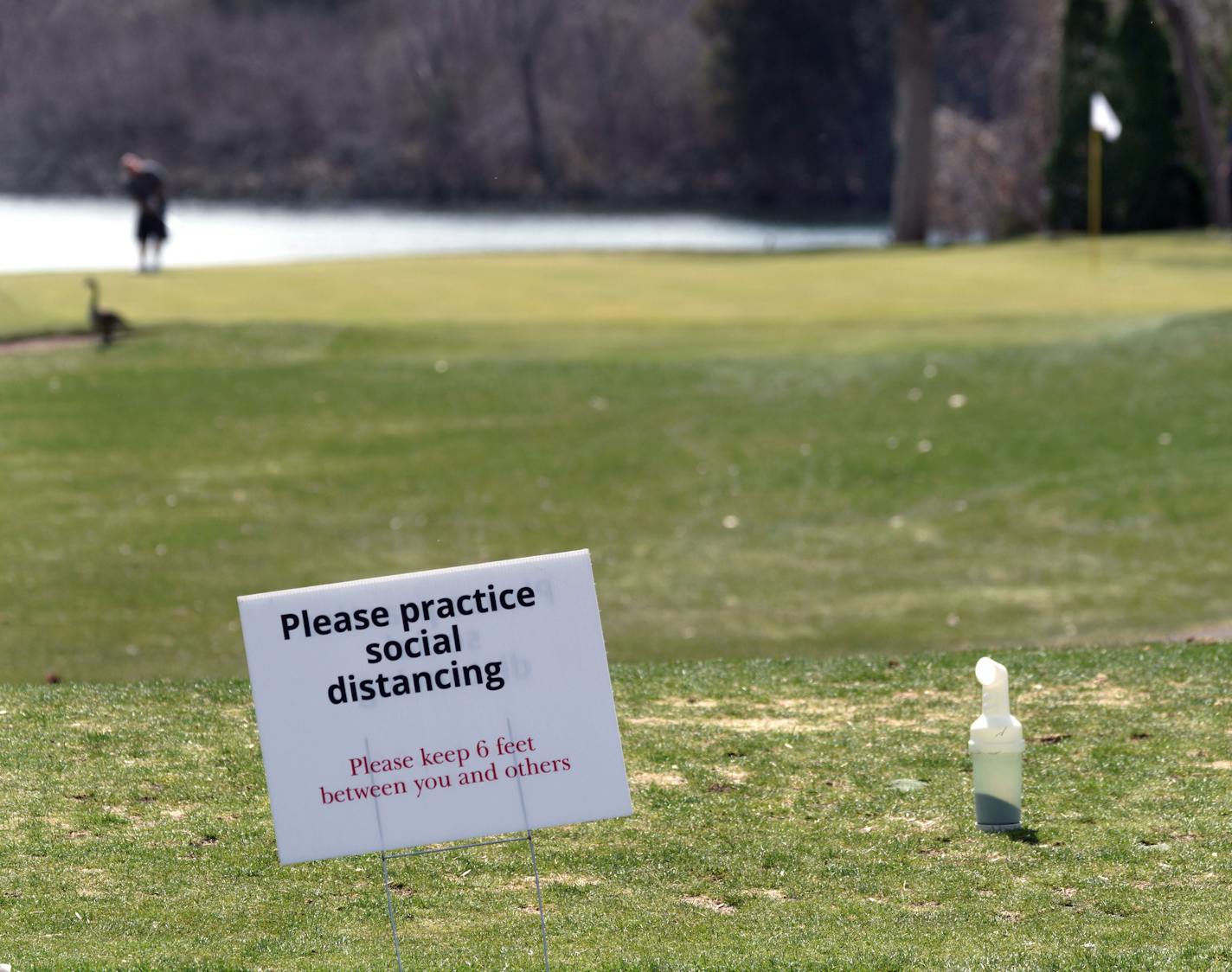 Golfers at Stonebrooke Colf Club in Shakopee were practicing social distancing with individual carts, no removing the flag, cups raised to prevent ball going in hole, clubhouse and pro shops closed etc.... brian.peterson@startribune.com
Shakopee, MN Friday, April 24, 2020