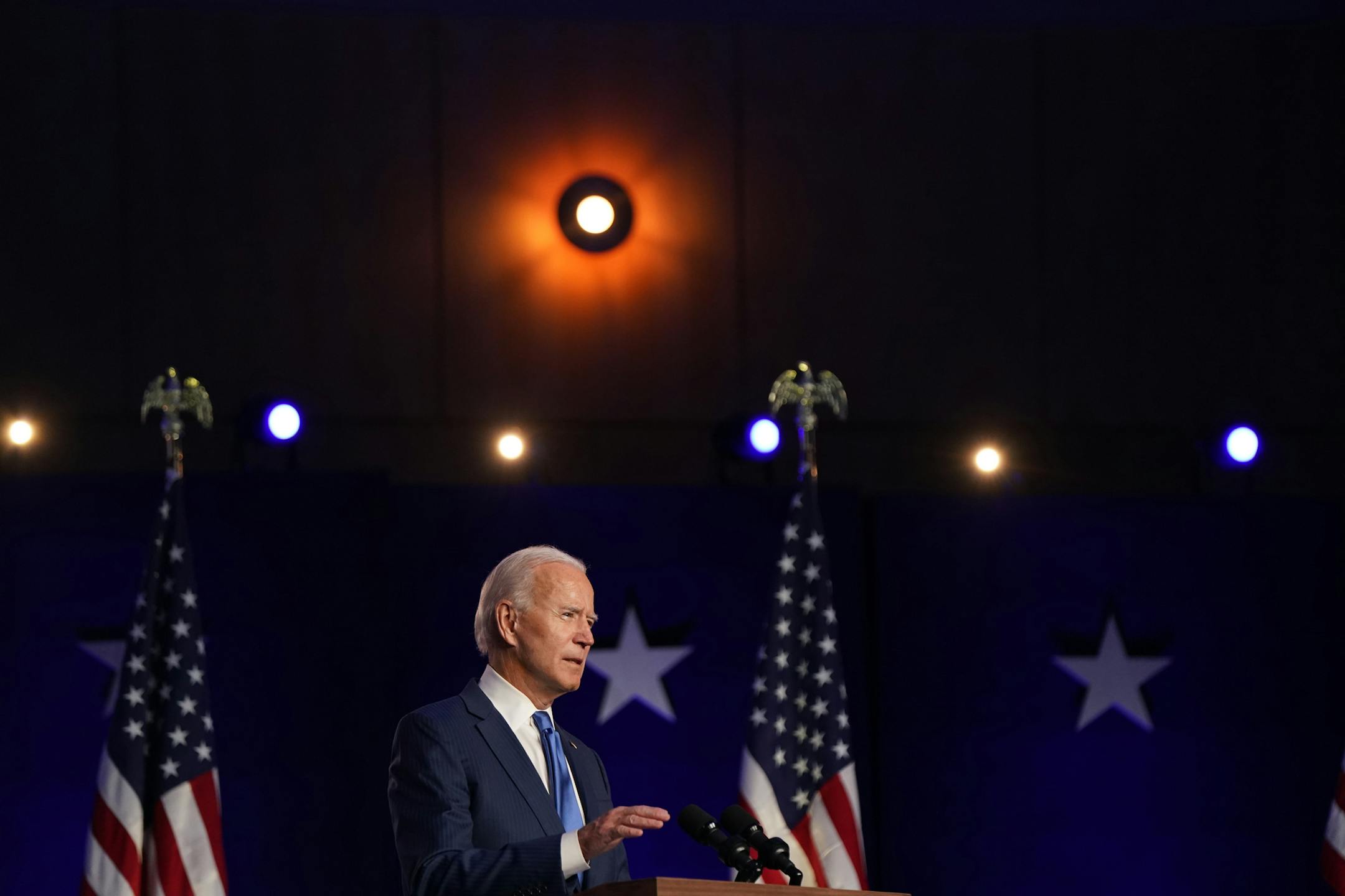 Democratic presidential nominee Joe Biden speaks in Wilmington, Del., Nov. 6, 2020. Biden, joined by his wife, Jill, and his running mate, Sen. Kamala Harris (D-Calif.), is expected to speak from Wilmington, Del., after days of vote-counting culminated in his victory on Saturday. (Erin Schaff/The New York Times)