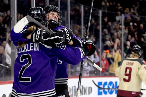 PWHL Minnesota's Lee Stecklein and Taylor Heise celebrate Stecklein's second-period goal against Montreal on Sunday at Xcel Energy Center.