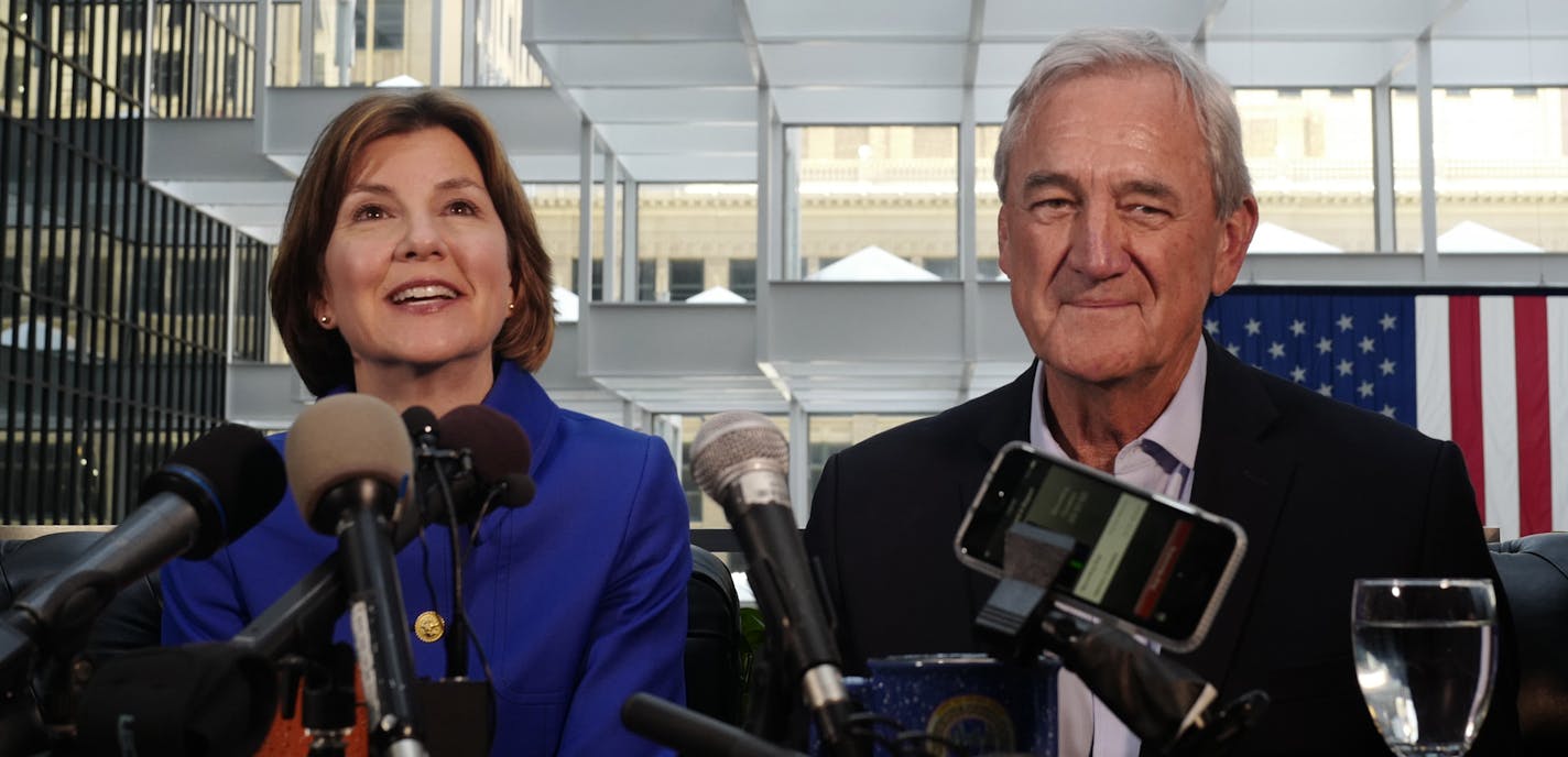 Attorney General Lori Swanson with running mate Rick Nolan next to her answered questions from the press about the decision to run for governor. ] (KYNDELL HARKNESS/STAR TRIBUNE) kyndell.harkness@startribune.com Attorney General Lori Swanson announced that she is running for governor with running mate U.S. Rep. Rick Nolan at the Marquette Hotel Monday, June 4, 2018.