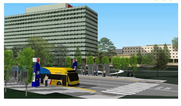 This rendering of the planned Gold Line shows what a bus-rapid transit vehicle and station could look like.
