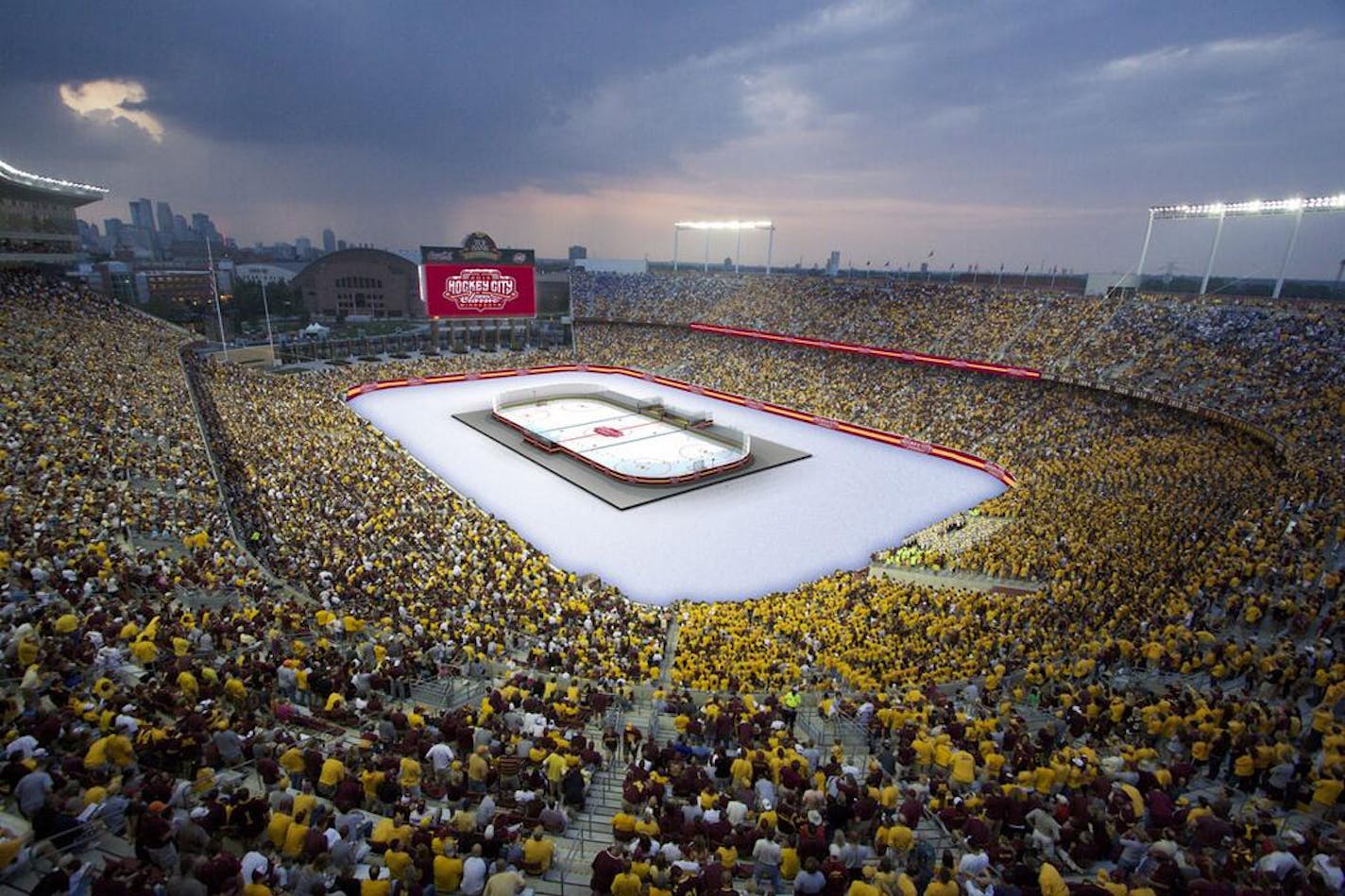 Artist's rendering of the outdoor Hockey City Classic, which will be played in January 2014 at TCF Bank Stadium.