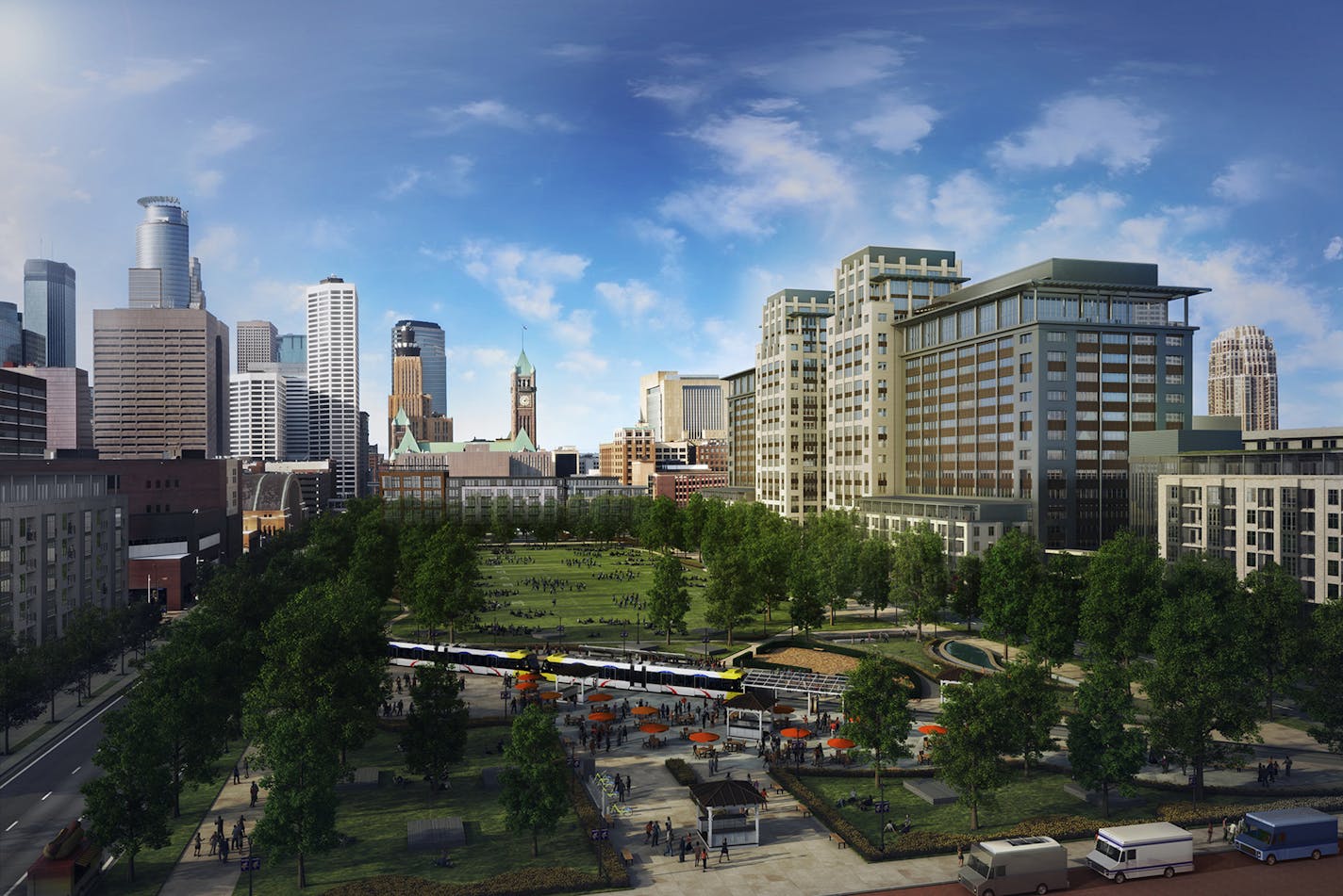 Ryan Companies proposes a $400 million redevelopment of five blocks now dominated by surface parking lots between the downtown central business district and the new Vikings stadium. This revised rendering includes an apartment building on the west end of the park space.