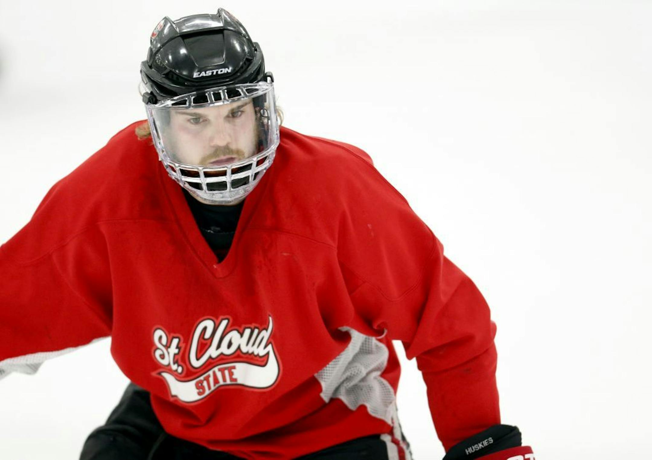 Drew LeBlanc during practice on Monday. LeBlanc is the captain of the St. Cloud State hockey team and a finalist for the Hobey Baker Award.