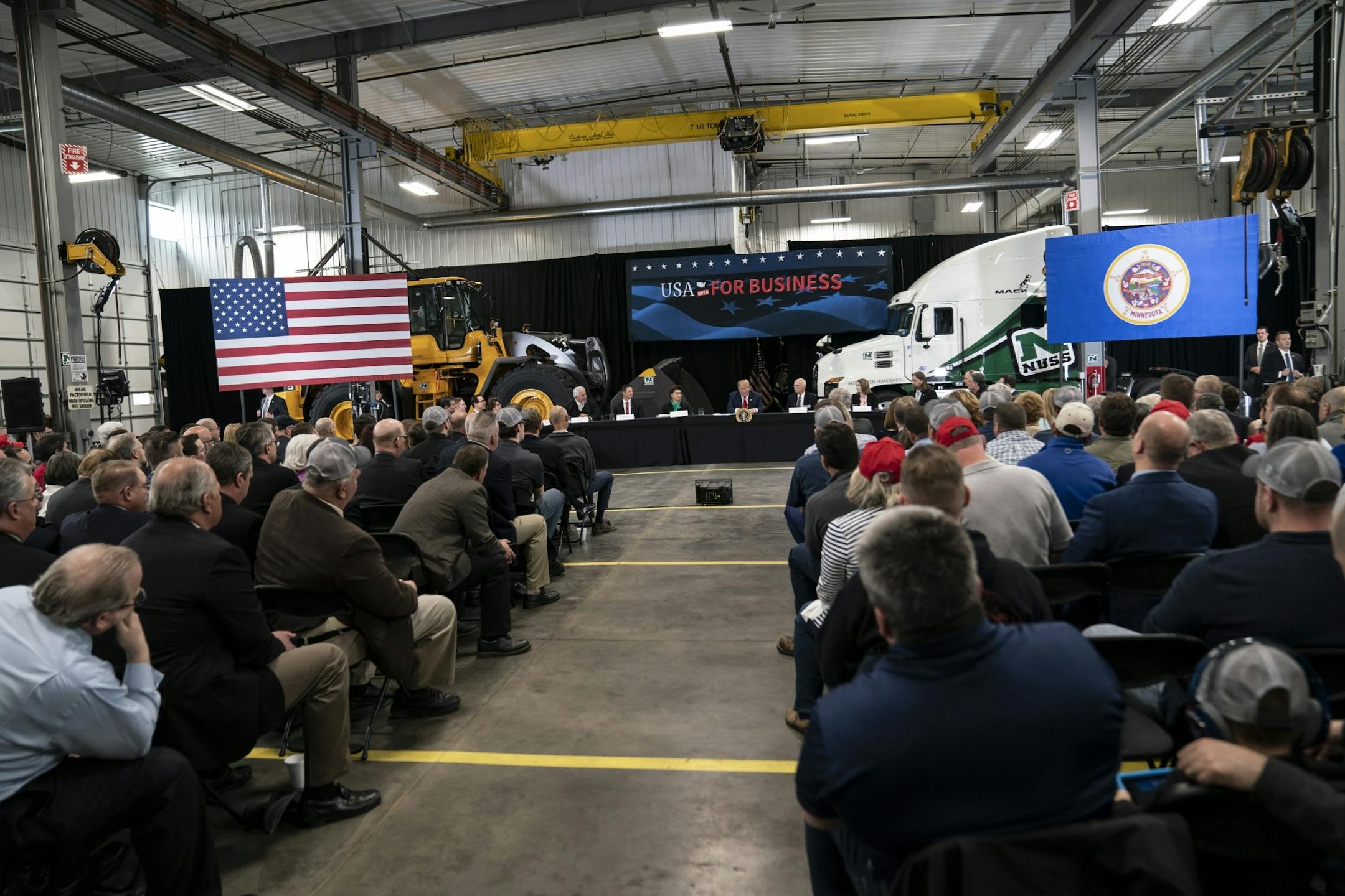 President Donald J. Trump spoke at Nuss Truck and Equipment in Burnsville during a roundtable discussion on tax cuts and the U.S. economy in Burnsville, Minn., on Monday, April 15, 2019.