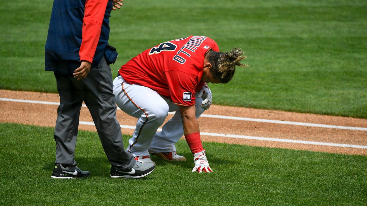 Minnesota Twins Willians Astudillo reacts after being hit by Oakland Athletics pitcher Chris Bassitt during the second inning of a baseball game, Sunday, May 16, 2021, in Minneapolis. The Athletics won 7-6. (AP Photo/Craig Lassig)