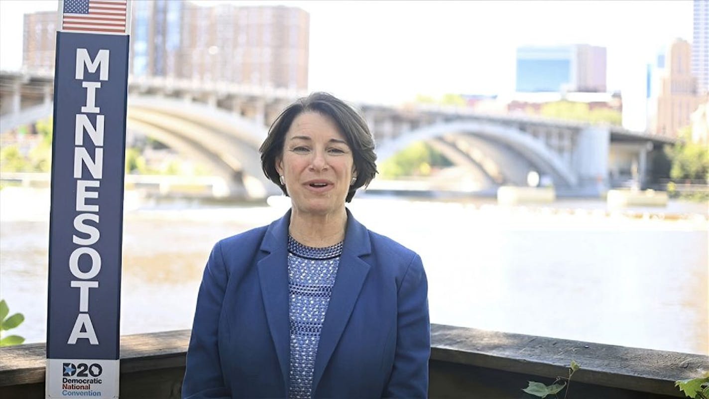 In this image from video, Sen. Amy Klobuchar, D-Minn., speaks during the state roll call vote on second night of the Democratic National Convention on Tuesday, Aug. 18, 2020.