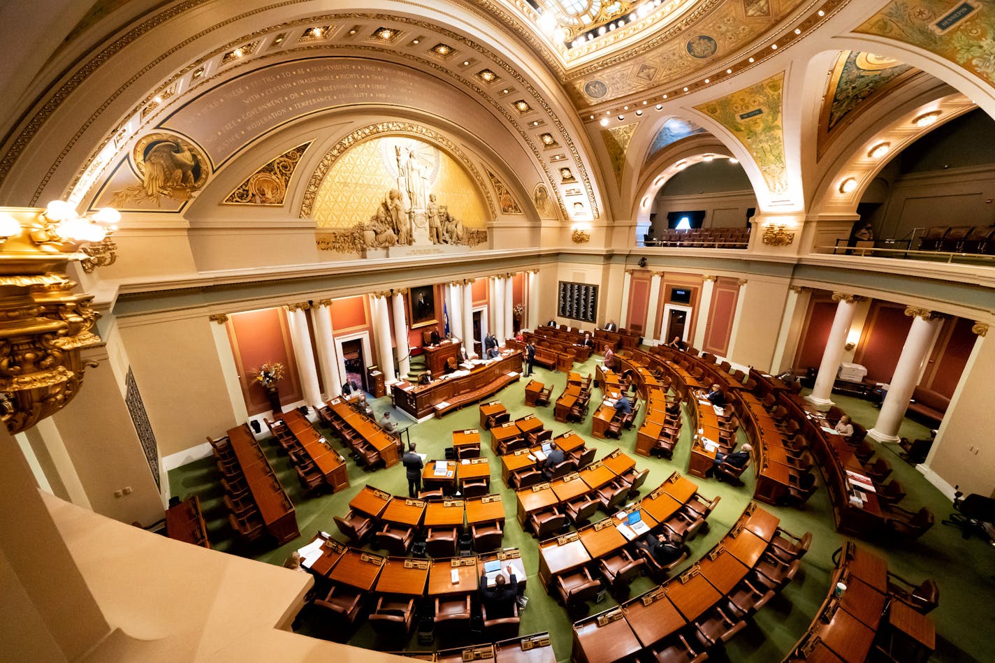 The Minnesota Legislature met in special session Monday. Social distancing requires a small number of legislators in the House Chamber. The rest participate remotely. ] GLEN STUBBE • glen.stubbe@startribune.com Monday, July 13, 2020 The Minnesota Legislature met in special session Monday.