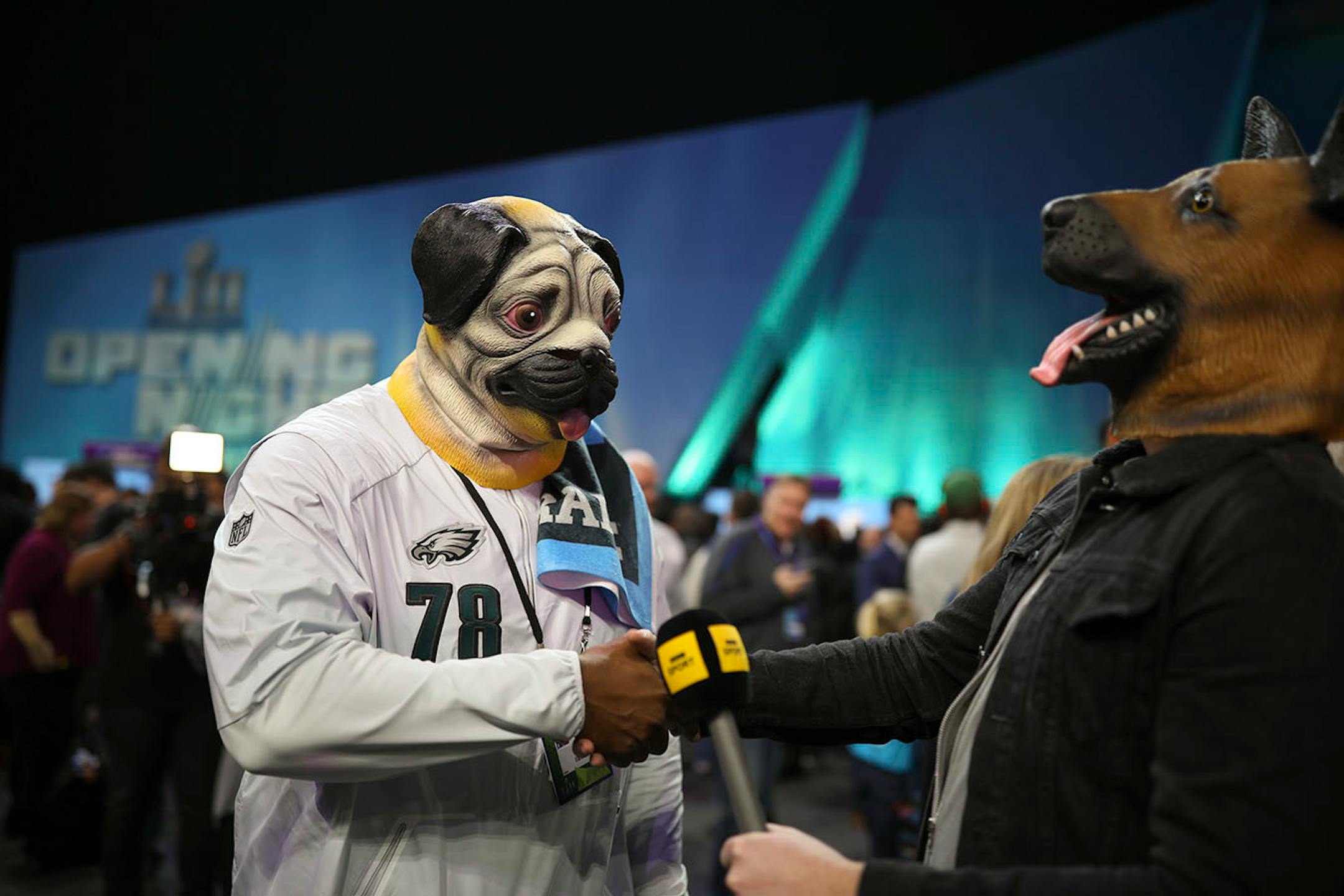 A reporter interviewed Eagles practice squad member Darrell Greene, left, during the Philadelphia Eagles' media availability on Opening Night.