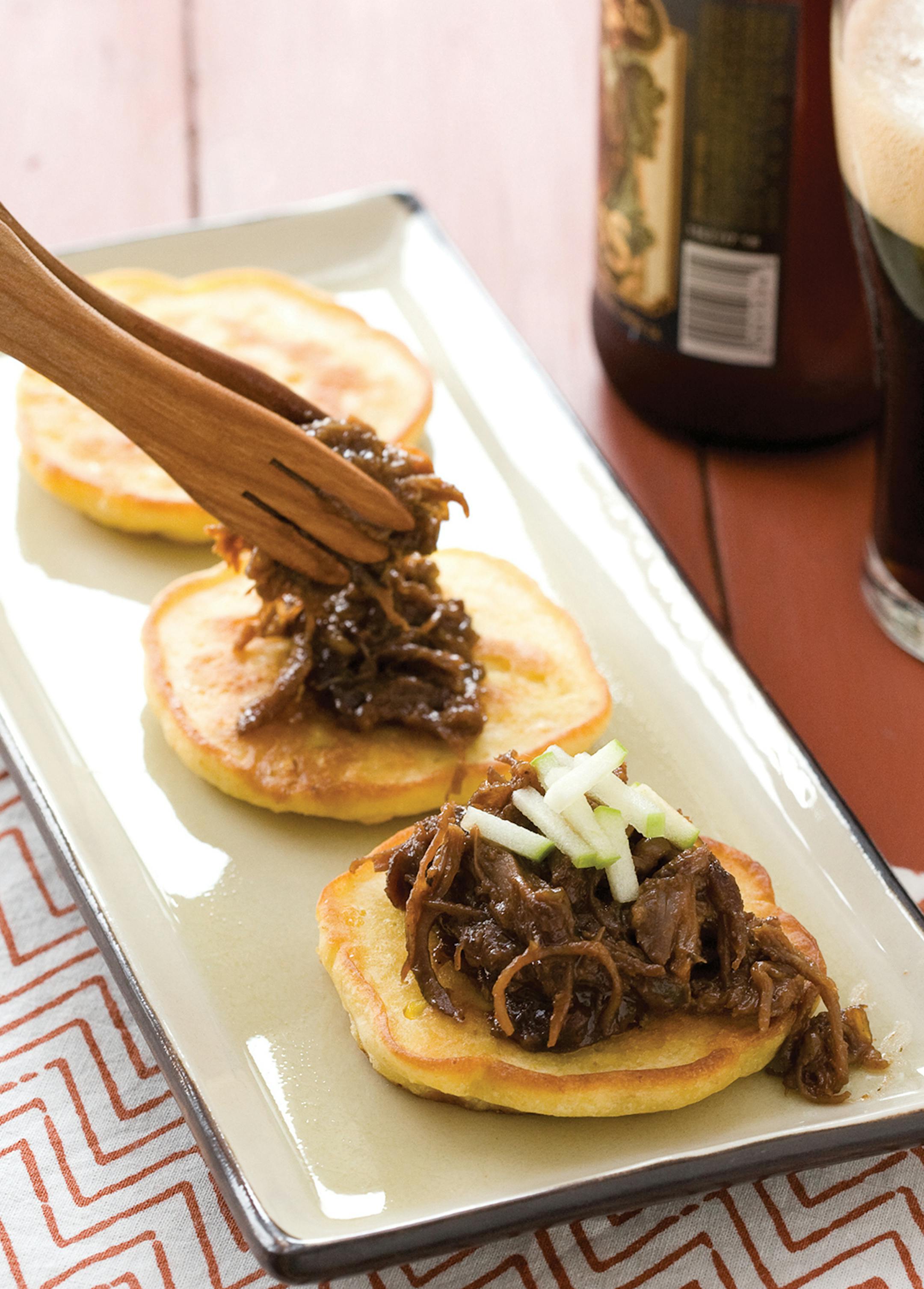 Cornmeal pancakes with beer-braised short ribs. From "Breakfast for Dinner"