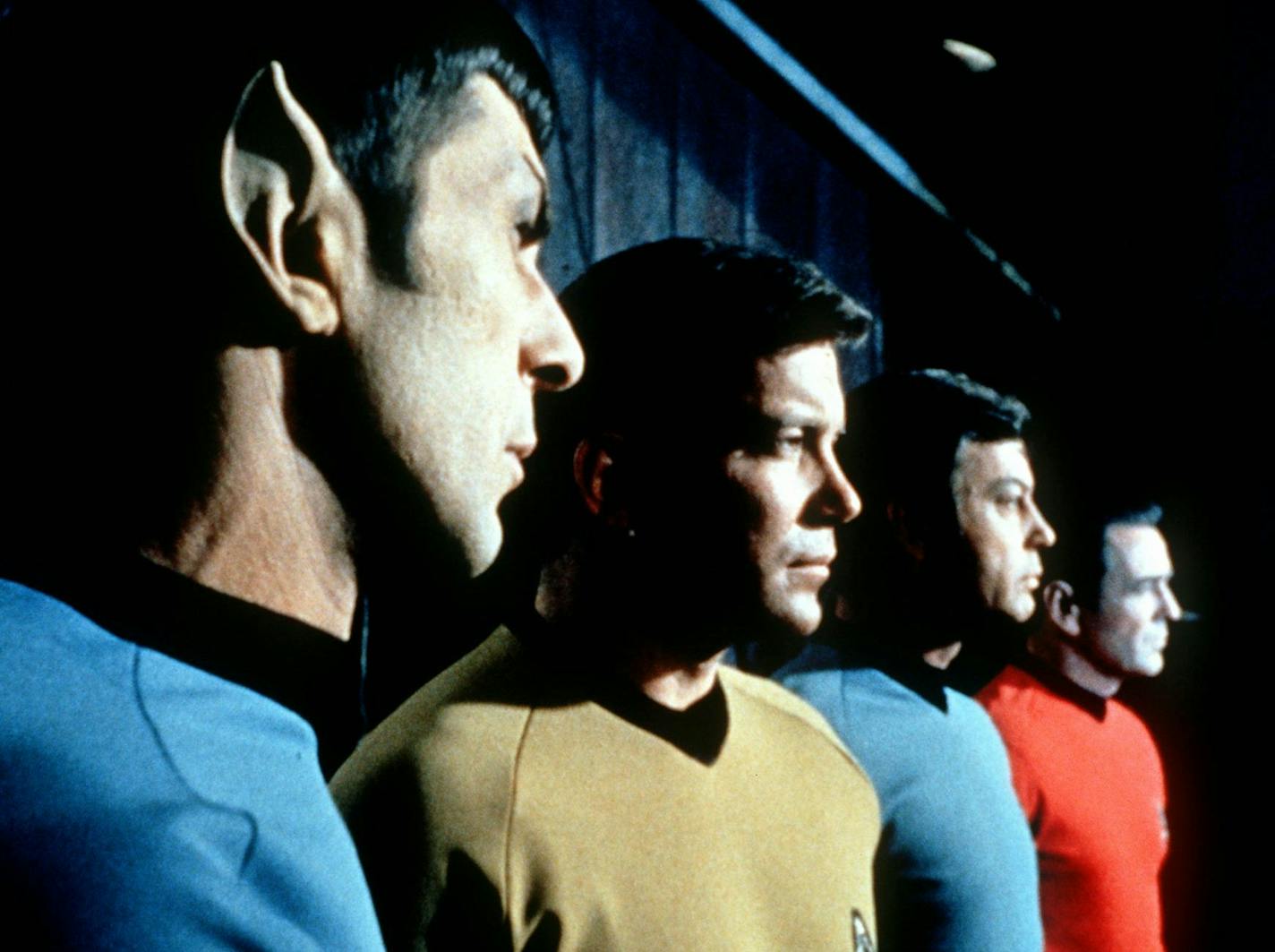 **FOR USE WITH AP LIFESTYLES** FILE- This undated file photo shows actors in the TV series "Star Trek," from left, Leonard Nemoy as Commander Spock, William Shatner as Captain Kirk, DeForest Kelley as Doctor McCoy and James Doohan as Commander Scott. For three years of prime-time television and decades of syndication, Captain James T. Kirk was many things: womanizer, breaker of rules, defender of high ideals. But there's one side of Kirk you don't hear much about: management guru. (AP Photo/HO,F