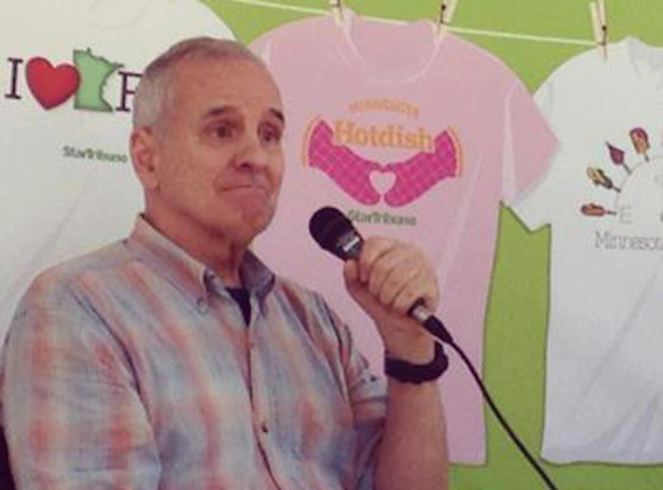 Gov. Mark Dayton stopped by the Star Tribune booth to field questions from Lori Sturdevant on opening day of the Minnesota State Fair.