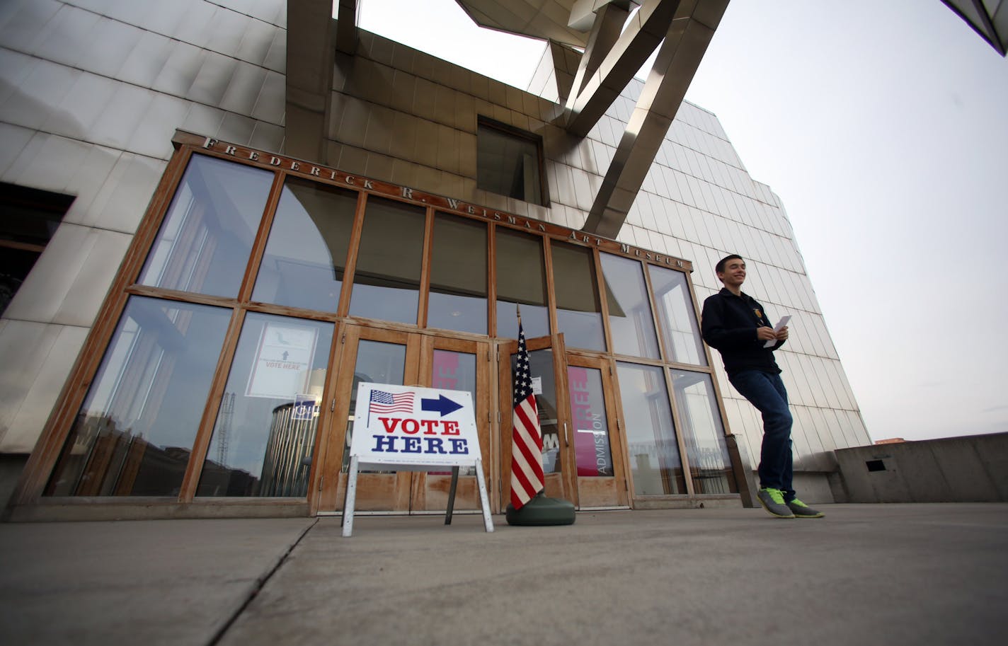 U of M freshman Brandon Roiger, Sleepy Eye, left the Weismann Art Museum after voting. Roiger is studying Agriculture Education.