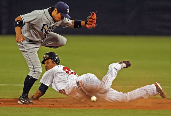 Carlos Gomez is safe at second wih his eighth stolen base of the season beating the throw to Rays second baseman Akinori Iwamura on April 16.