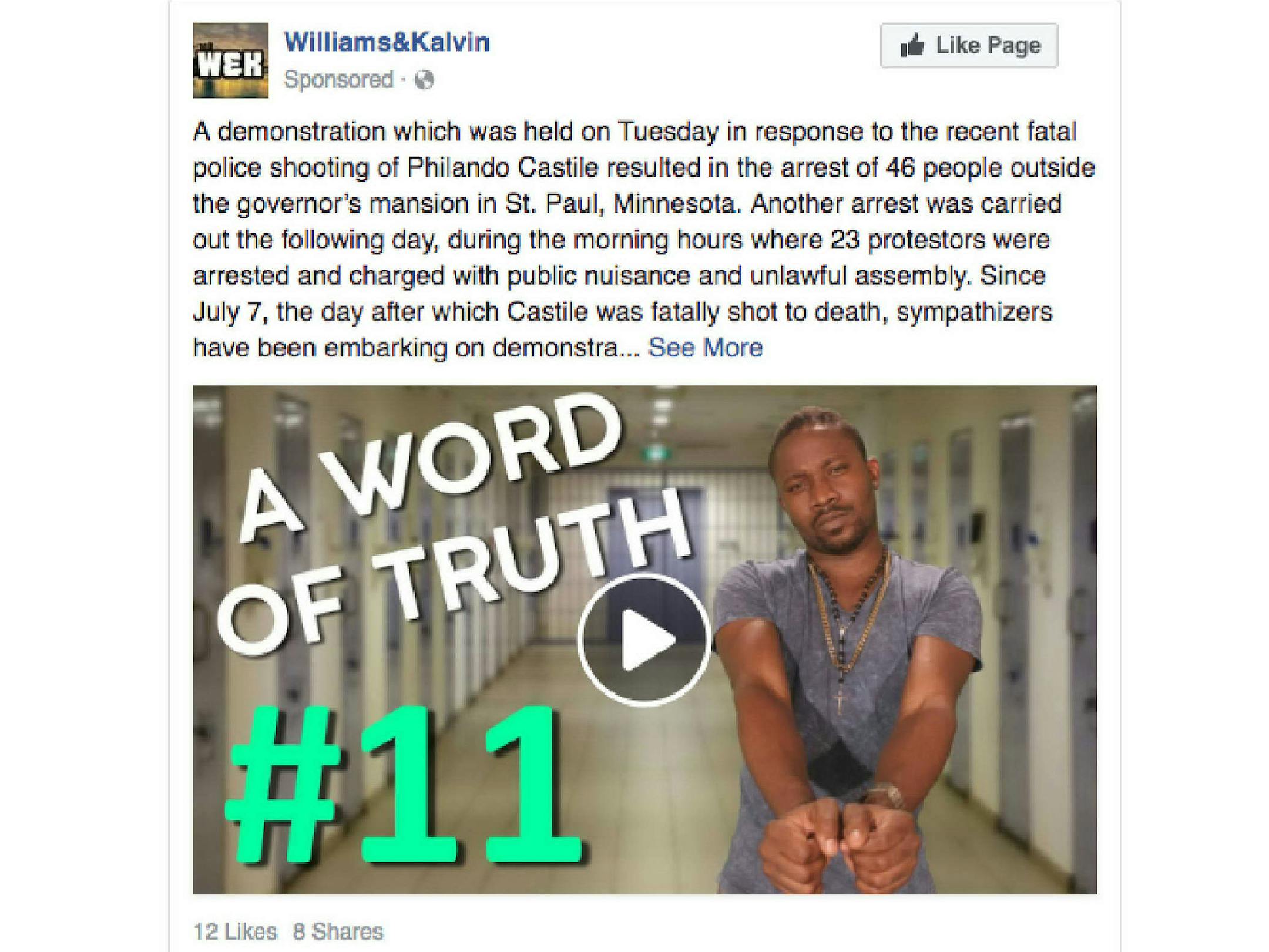 Many of the sponsored ads did not mention a presidential candidate but worked to inflame emotions on polarizing subjects. This one referenced the fatal police shooting of Philando Castile in Falcon Heights.