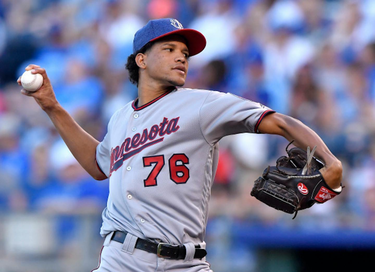 Minnesota Twins starting pitcher Felix Jorge throws the first pitch of his major-league debut in the first inning against the Kansas City Royals in the second game of a doubleheader at Kauffman Stadium in Kansas City, Mo., on Saturday, July 1, 2017. (John Sleezer/Kansas City Star/TNS) ORG XMIT: 1205406