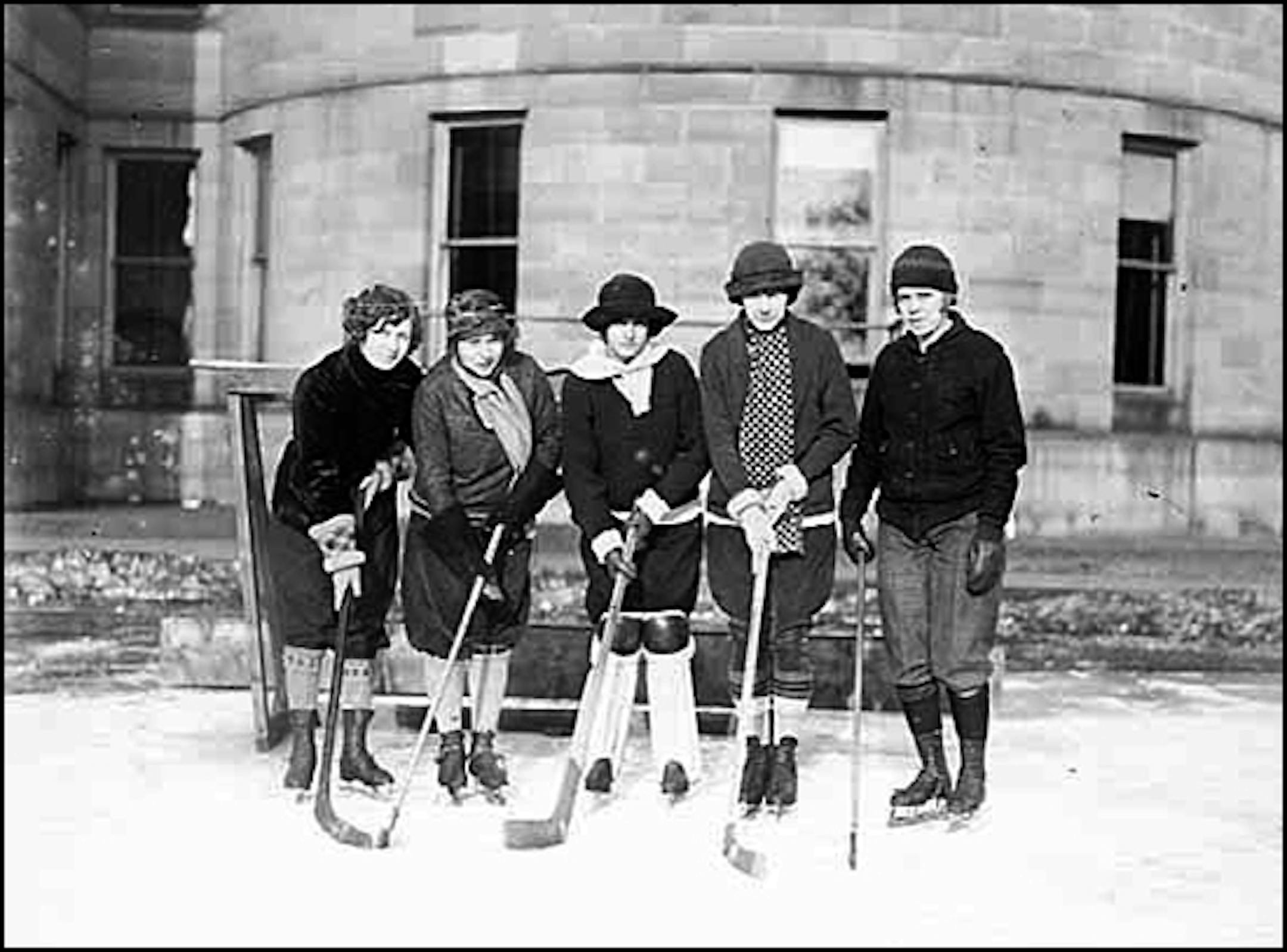 University of Minnesota women's hockey team of the mid-1920s, shown in front of the school's Armory in Minneapolis.