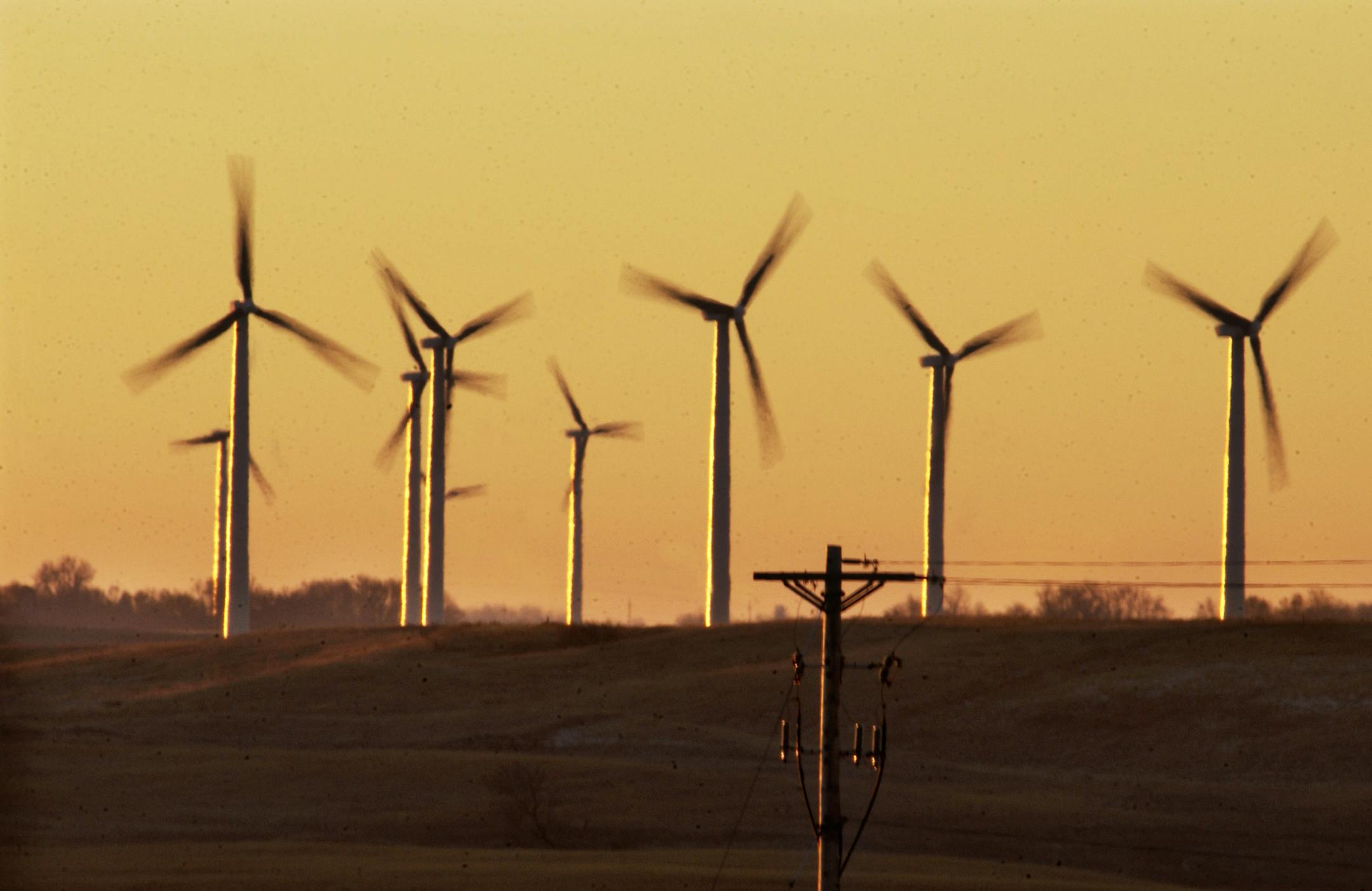 WEDNESDAY_11/12/03_Hendricks - - - - - - Wind generators turning atop the Buffalo Ridge between Hendrick and Lake Benton at sunrise.