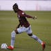 Colorado Rapids forward Kei Kamara (23) during the first half of an MLS soccer match Wednesday, Sept. 9, 2020, in Commerce City, Colo. (AP Photo/David