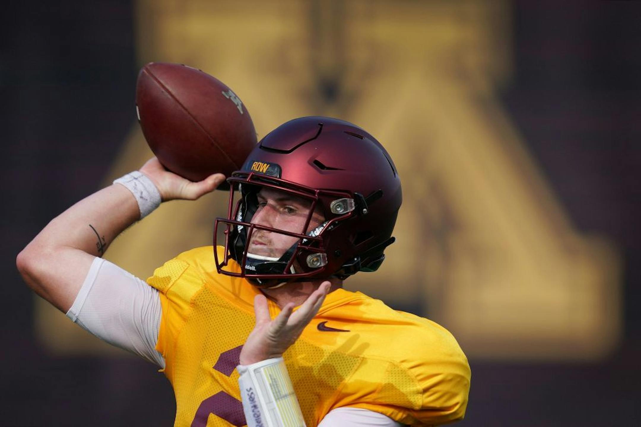Minnesota Golden Gophers quarterback Tanner Morgan (2) made a long pass during practice Friday.