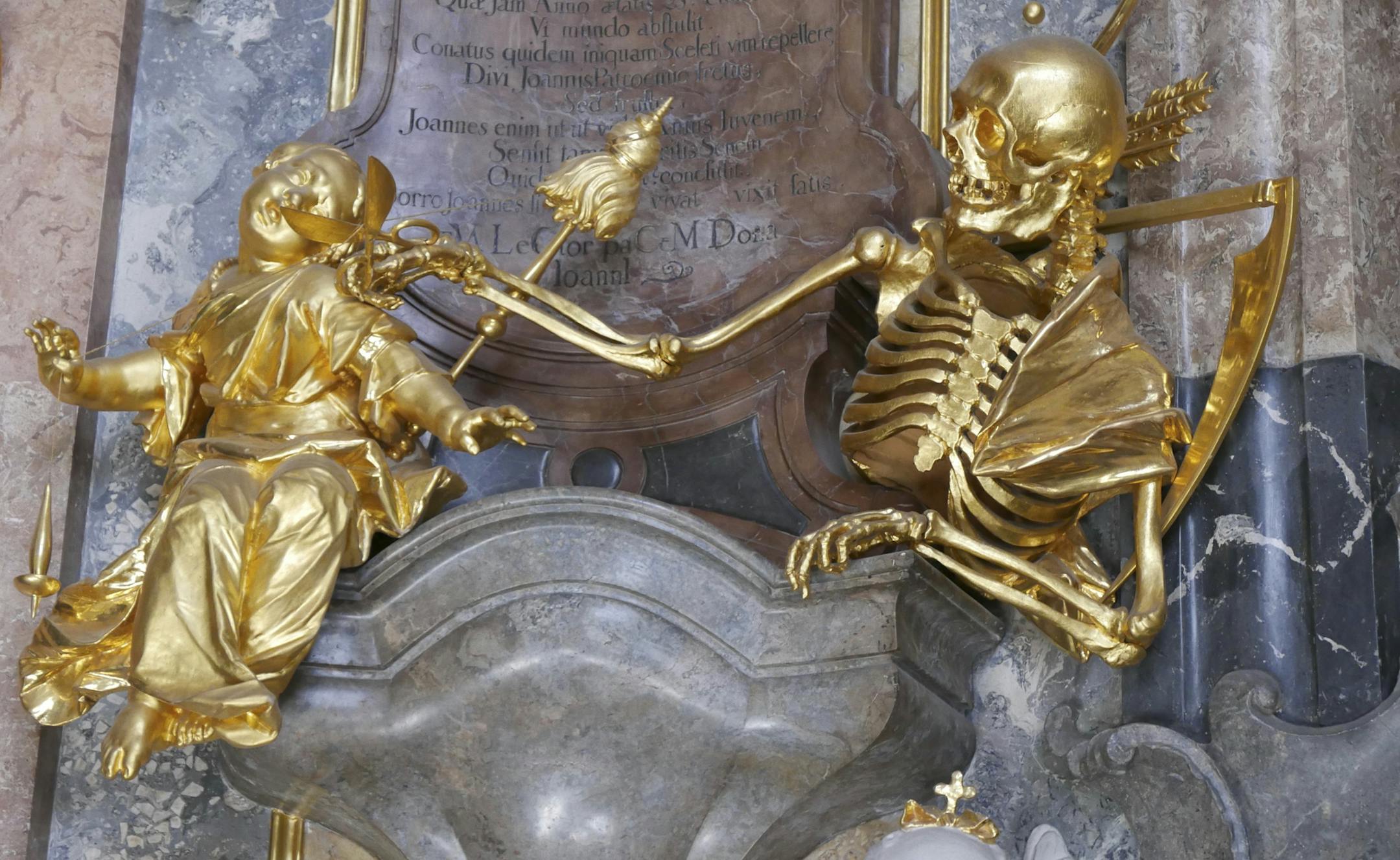 This ghoulish sculpture is among the lavish decorations at Munich's Asamkirche (Asam church), a gem-filled baroque structure that was completed in 1746.
