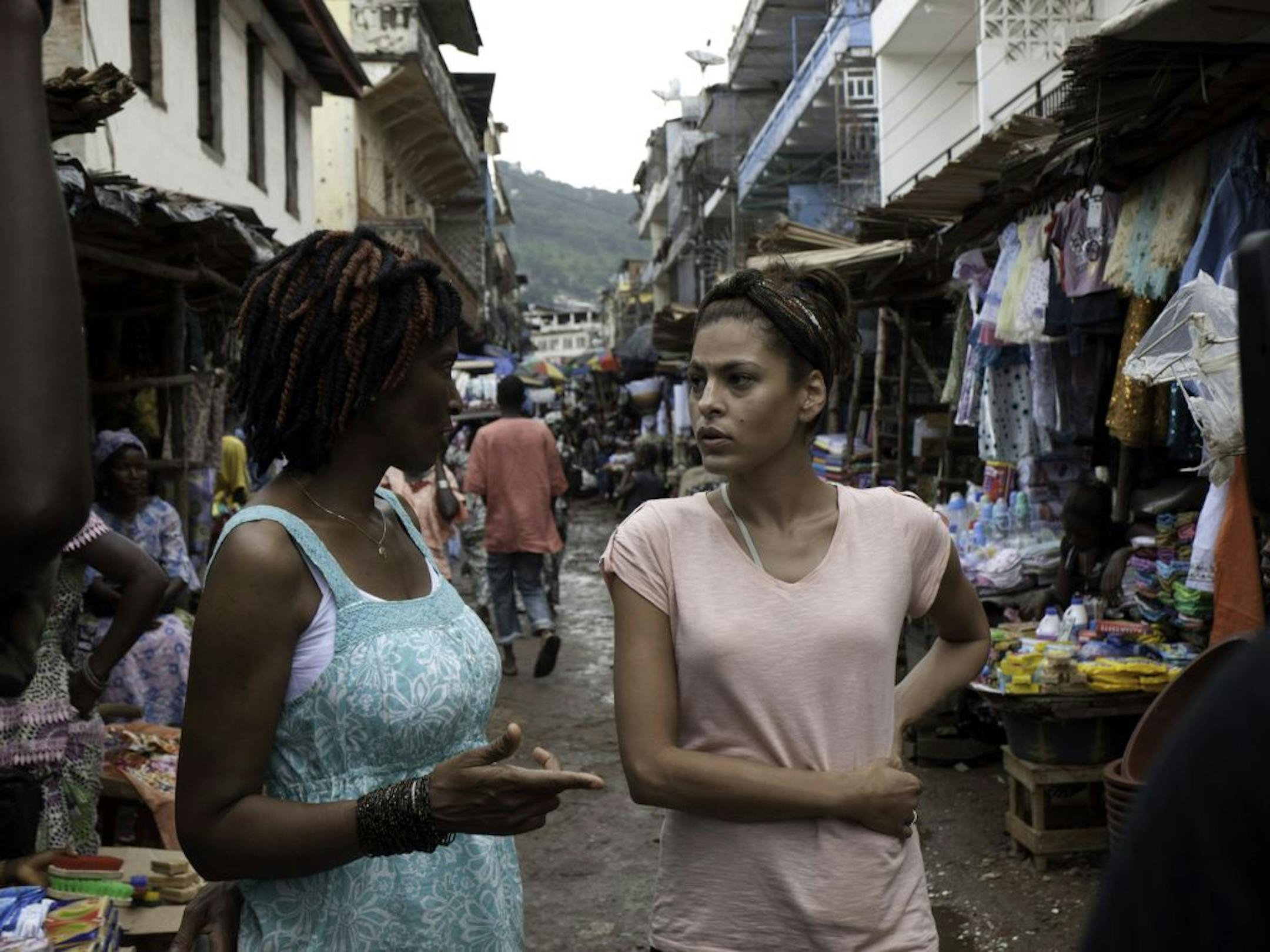 For the two-night PBS special "Half the Sky," actress Eva Mendes, right, visited a center for victims of sexual assault in Sierra Leone.