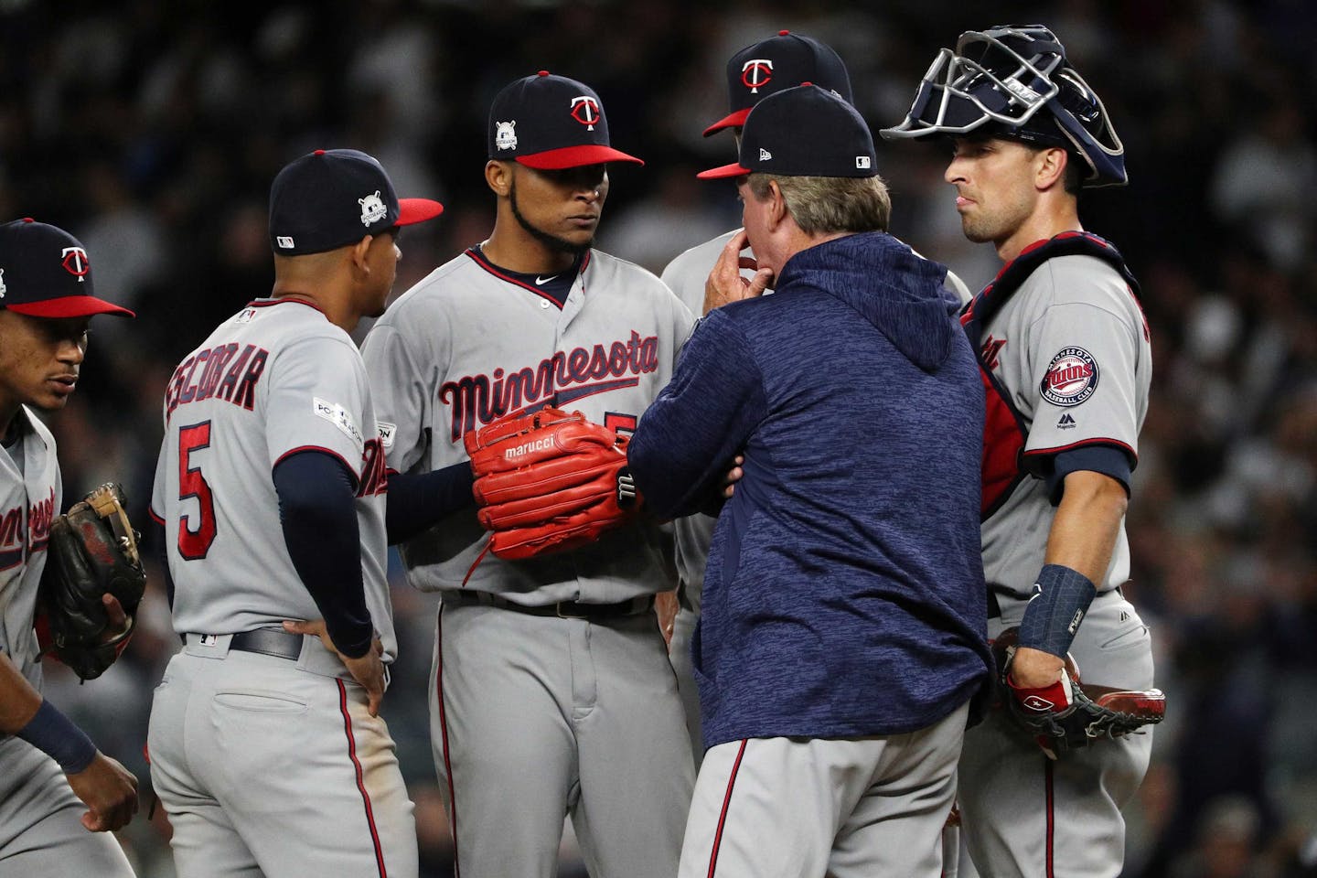 Twins starting pitcher Ervin Santana got a visit to the mound in the first inning of the American League wild-card game in October.