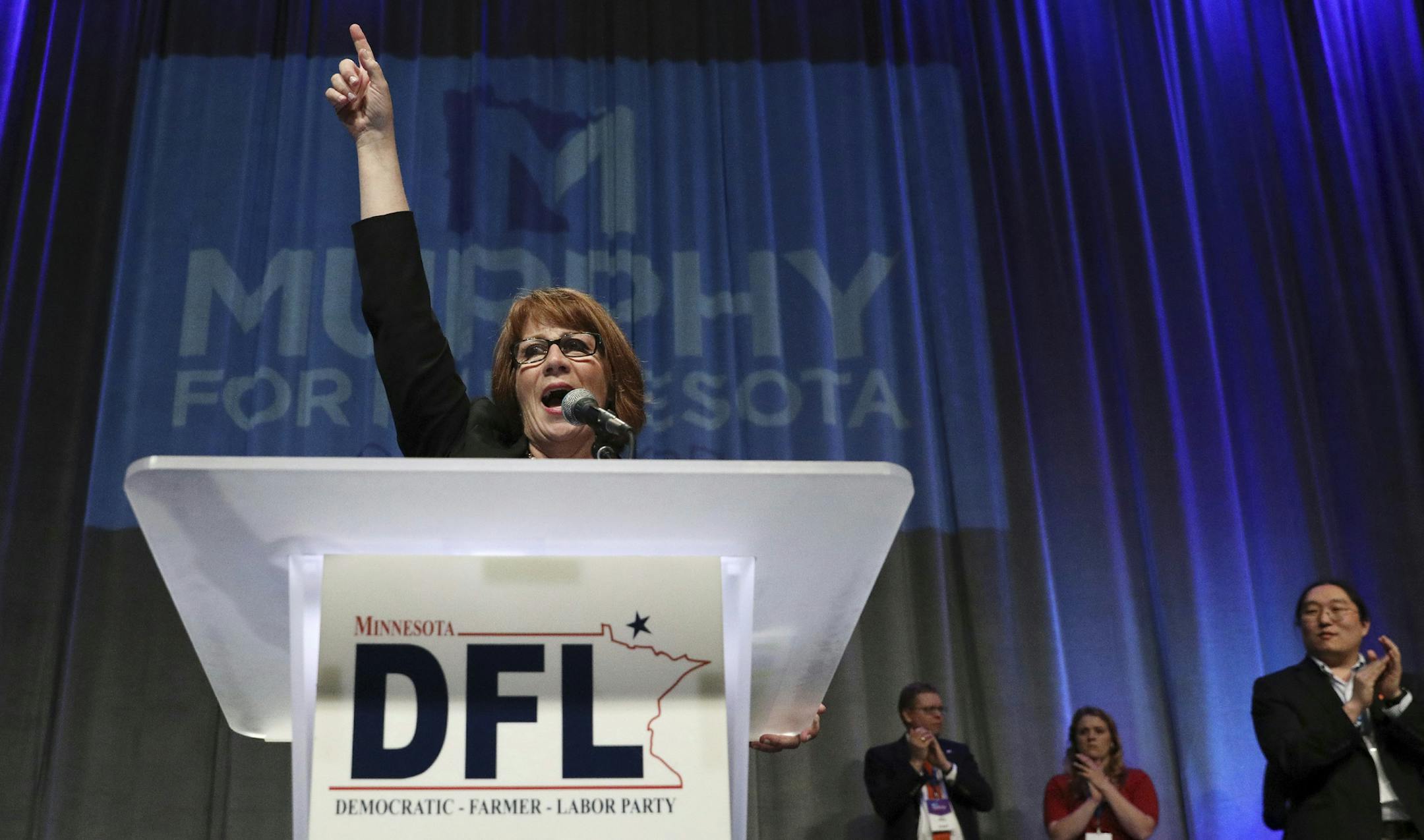 Gubernatorial candidate Erin Murphy speaks to the convention after she secured the party endorsement during the DFL State Convention Saturday, June 2, 2018 in Rochester, Minn. Democrats kicked off their statewide endorsing convention Friday in Rochester as Republicans gathered in Duluth. Both parties are considering candidates running for U.S. Senate, Attorney General and other statewide offices, but the main focus is on the race to replace outgoing Democratic Gov. Mark Dayton. (Anthony Souffle/