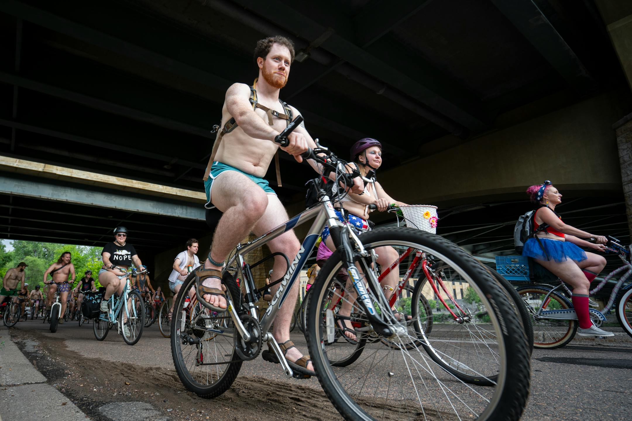 The annual Freedom From Pants Ride kicks off under the Hennepin Avenue Bridge.