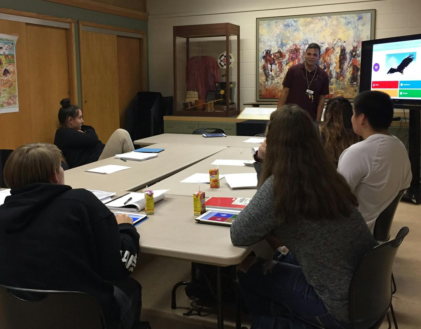 Ryan Dixon uses a new Dakota language app to teach high school students the language on Oct. 2, 2017 at the Lower Sioux Indian Community.