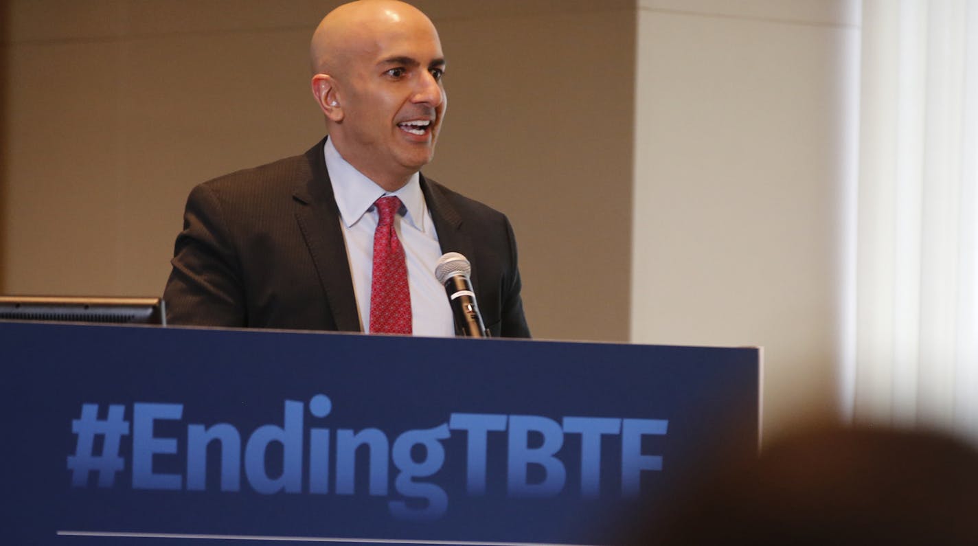 At the Federal Bank building in Minneapolis where a banking symposium on reforms and ending "too big to fail" took place, Minneapolis Fed Bank president Neel Kashkari addressed the audience.