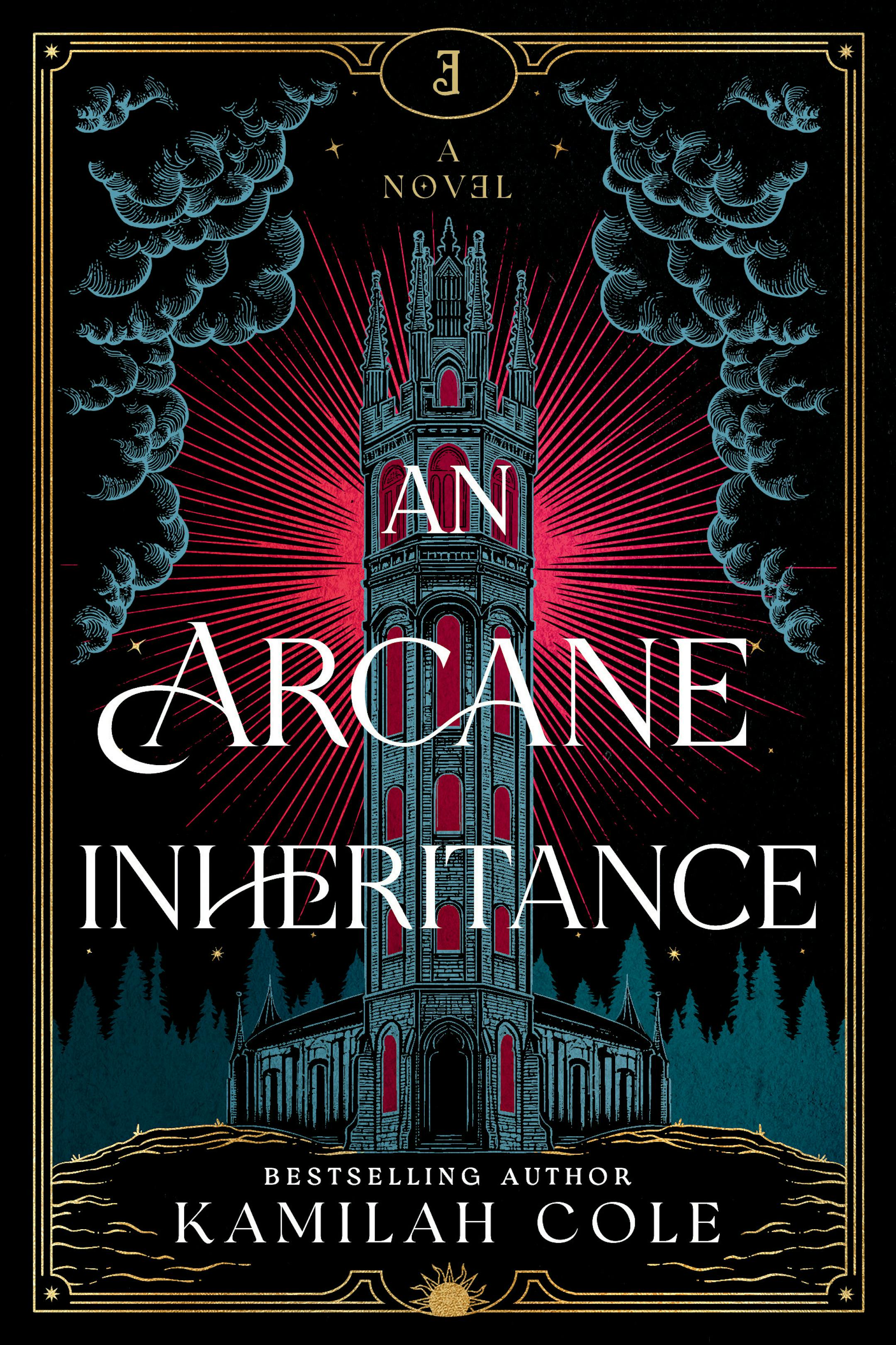 Black blue and red cover of An Arcane Inheritance is an illustration of a spooky bell tower