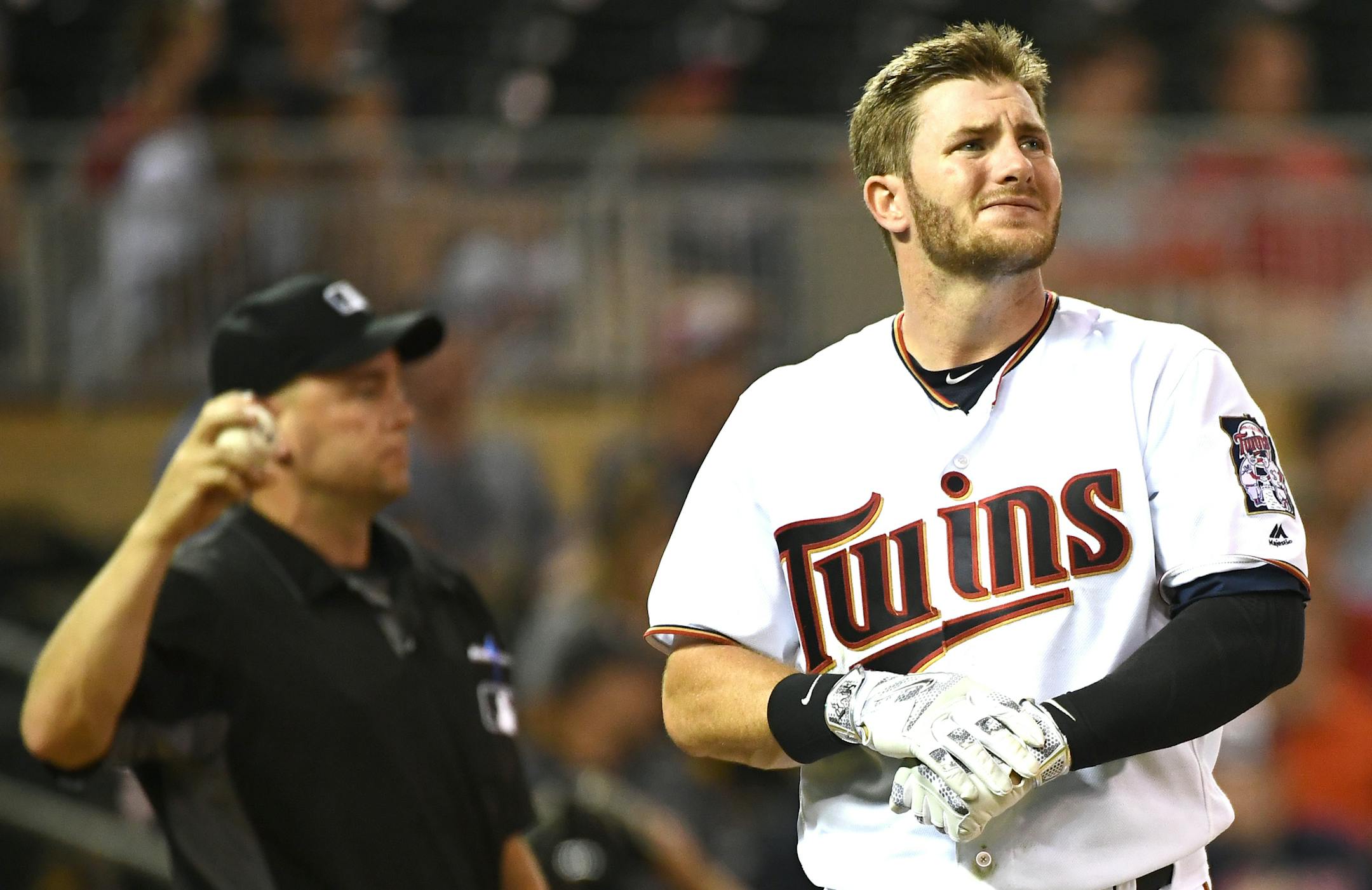 Minnesota Twins center fielder Robbie Grossman (36) showed frustration after being struck out in the eighth inning Thursday. ] (AARON LAVINSKY/STAR TRIBUNE) aaron.lavinsky@startribune.com The Minnesota Twins play the Miami Marlins on Thursday, June 9, 2016 at Target Field in Minneapolis, Minn. ORG XMIT: MIN1606092229320415