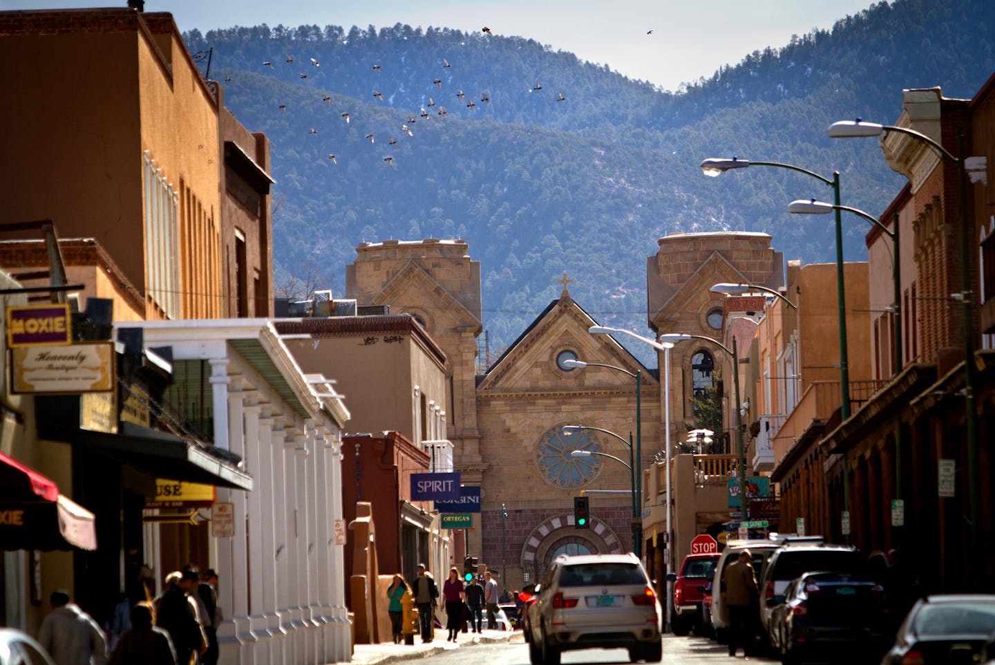 A view on East San Francisco Street in Santa Fe, NM, toward the historic plaza and beyond, to the St. Francis Cathedral Basilica and the foothills of the Sangre de Cristo Mountains, 3/15/2013. (Photo by Mark Holm for the StarTribune &#xac;&#xa9; 2013)