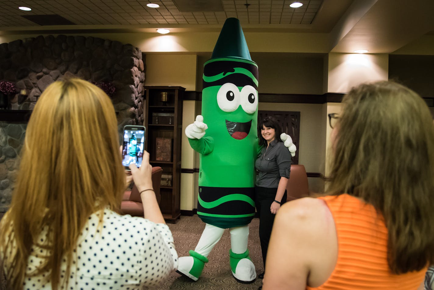 The Shamrock Green Crayola mascot "Tip" was on hand for the announcement. The official color of the MOA Crayola mascot will be announced in the future. ] GLEN STUBBE * gstubbe@startribune.com Thursday, July 16, 2015 Crayola announced at a press conference today that it will open Crayola Experience in Mall of America in the summer of 2016. This will be the third location. The 60,000 sq.ft. Crayola Experience will be located in the Southeast Court on Level 3 in a space that was formerly Bloomingda