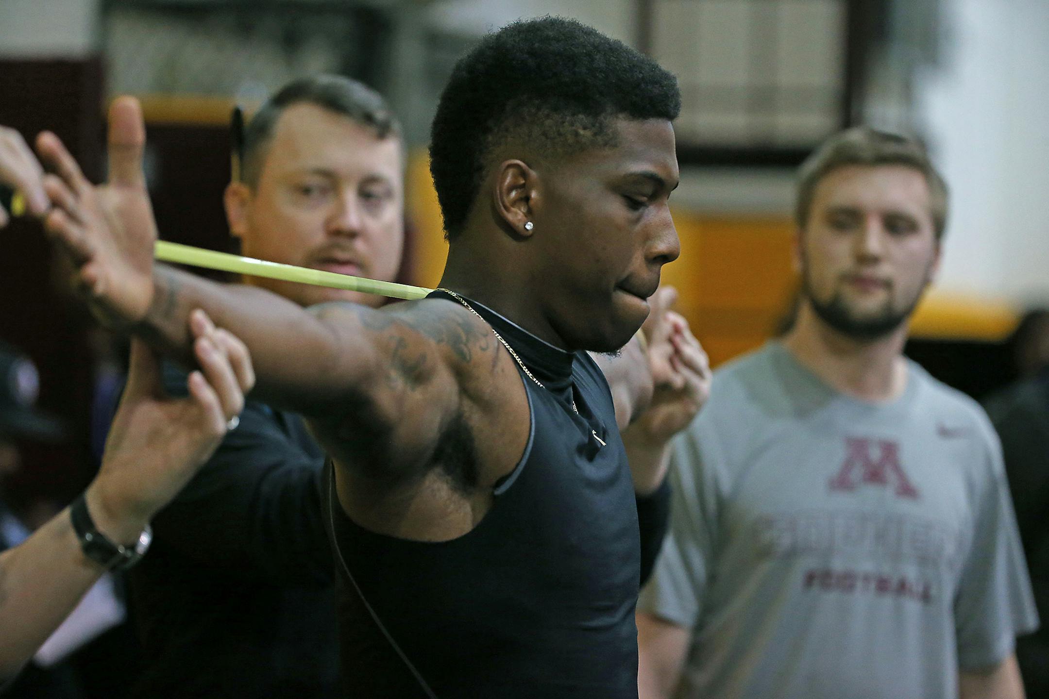 Minnesota's Devon Wright was measured by NFL scouts during Pro Day at the Nagurski building on campus, Monday, March 2, 2015. ] (ELIZABETH FLORES/STAR TRIBUNE) ELIZABETH FLORES � eflores@startribune.com