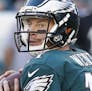 Philadelphia Eagles quarterback Carson Wentz (11) in action during the first half of the NFL football game against the Pittsburgh Steelers, Sunday, Se
